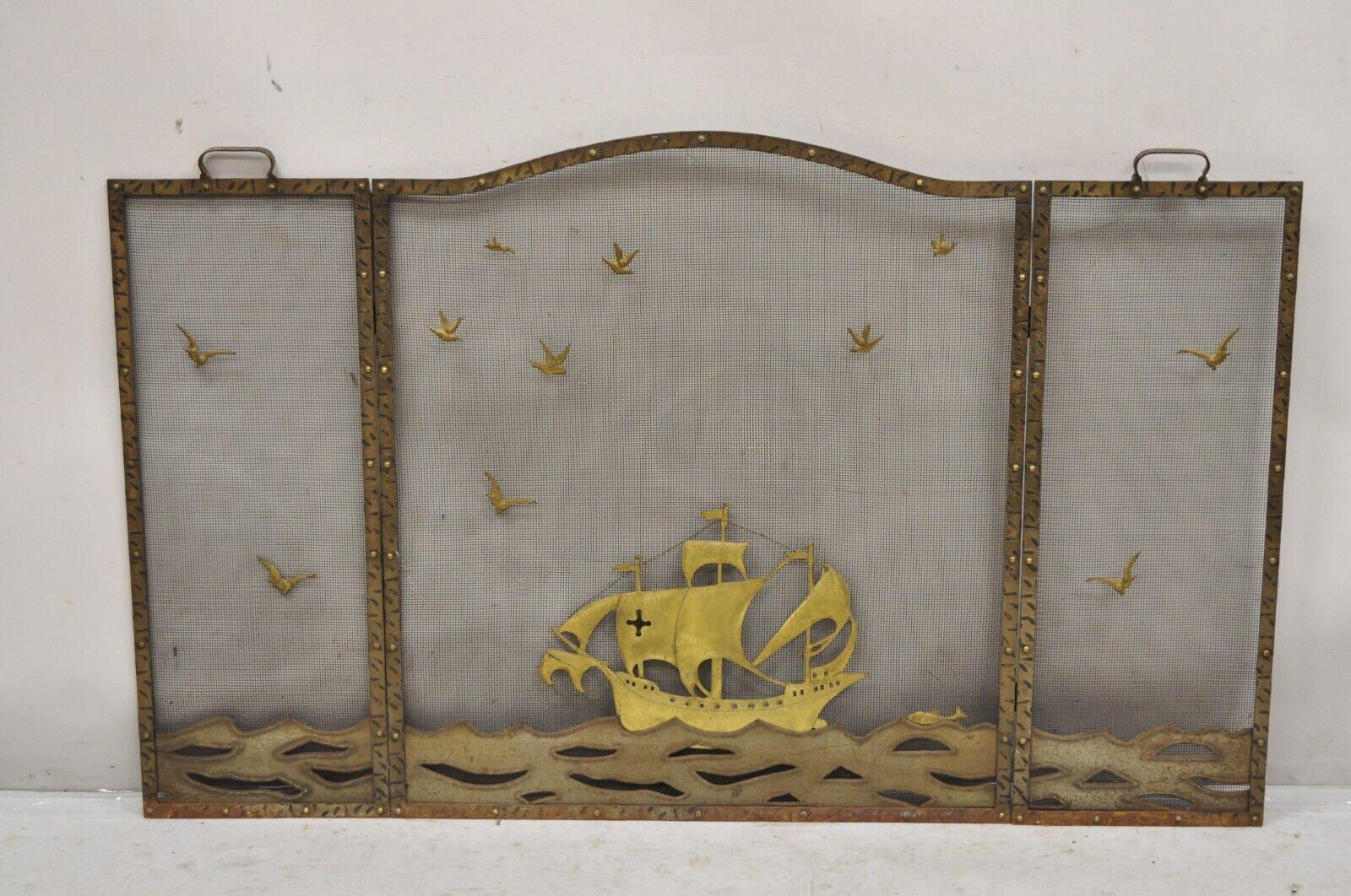 Vintage Nautical Clipper Ship Boat Metal Folding Fireplace Screen, Firescreen. Mid to Late 20th Century. Measurements: 33.5