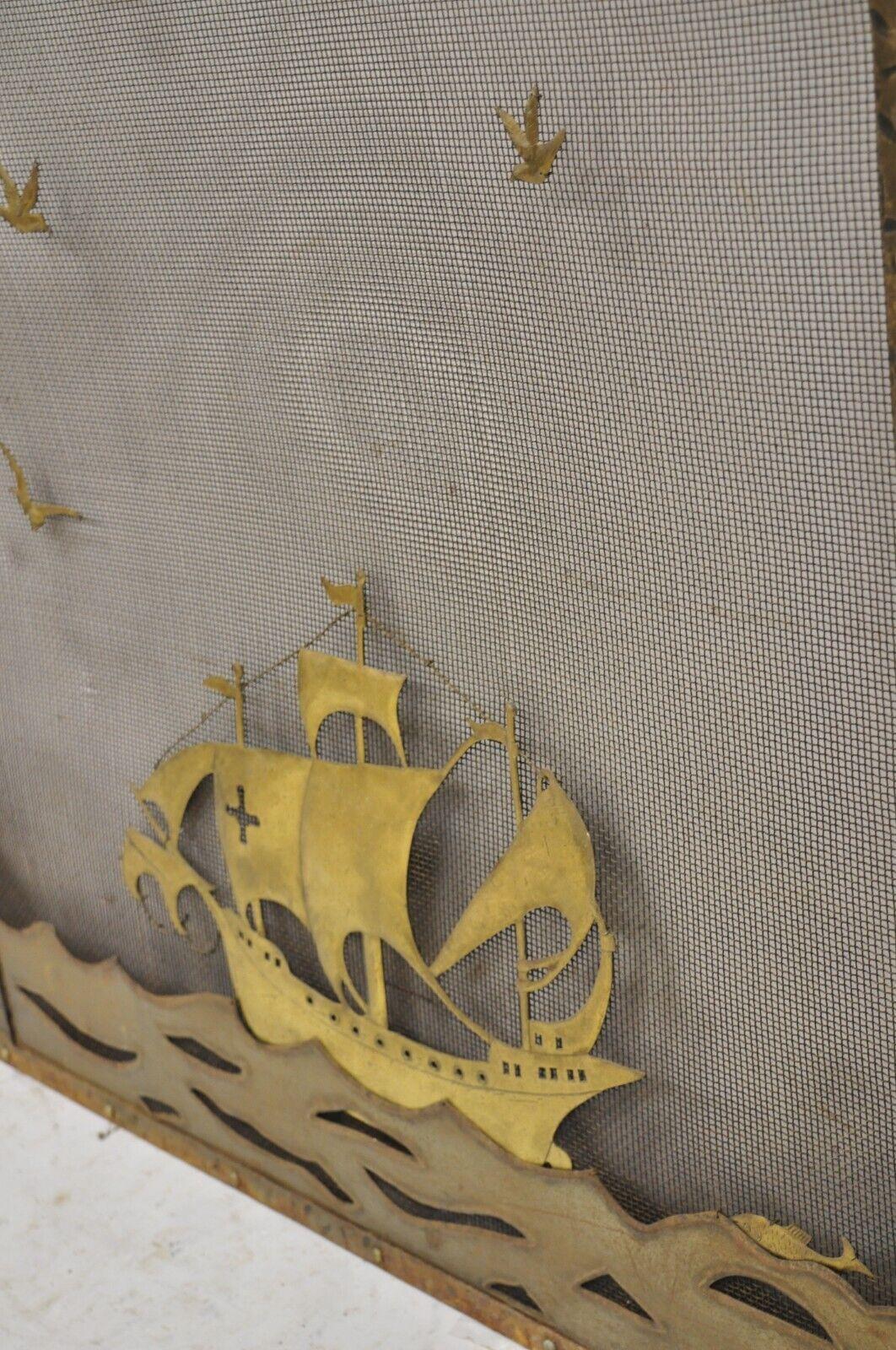 Unknown Vintage Nautical Clipper Ship Boat Metal Folding Fireplace Screen Firescreen