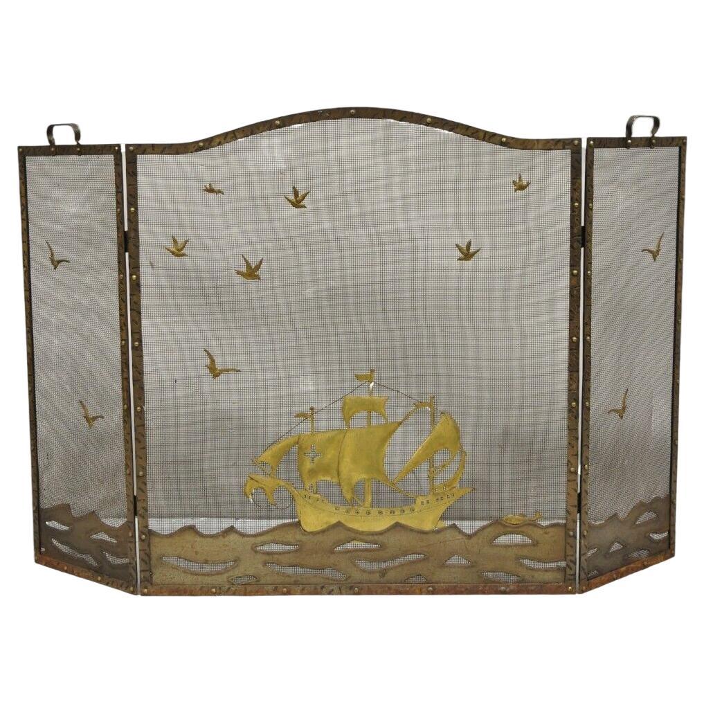 Vintage Nautical Clipper Ship Boat Metal Folding Fireplace Screen Firescreen