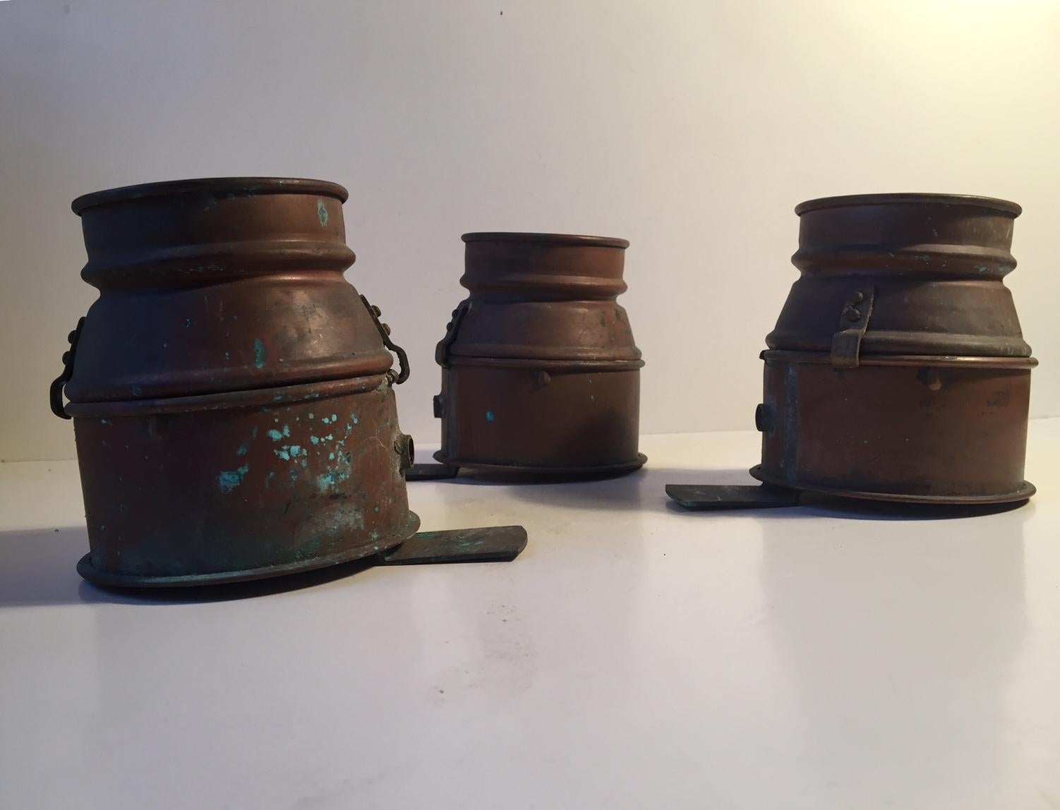 French Vintage Nautical Copper Wall Lights with Colored Glass, France 1940s, Set of 3