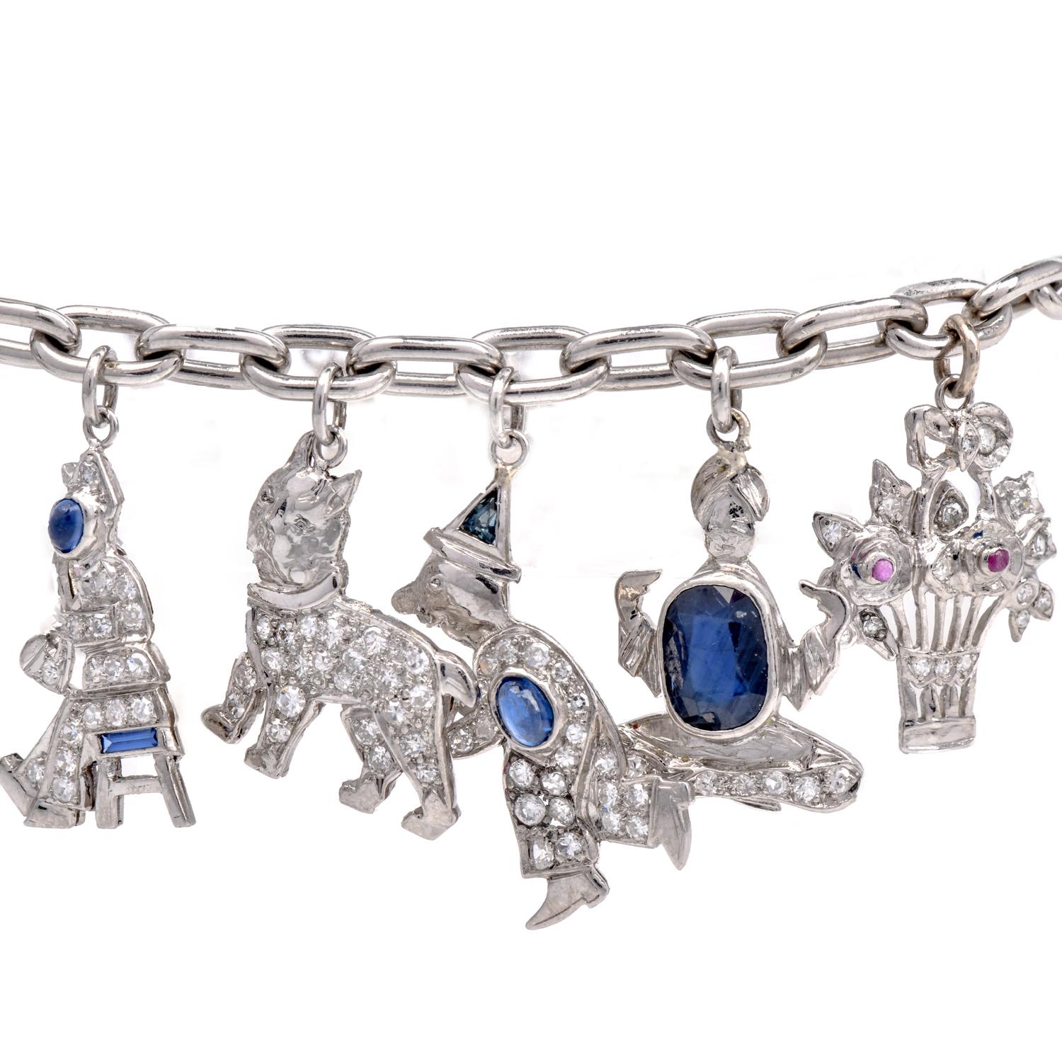 Round Cut  Vintage Nautical Diamond  Platinum Charm Bracelet 