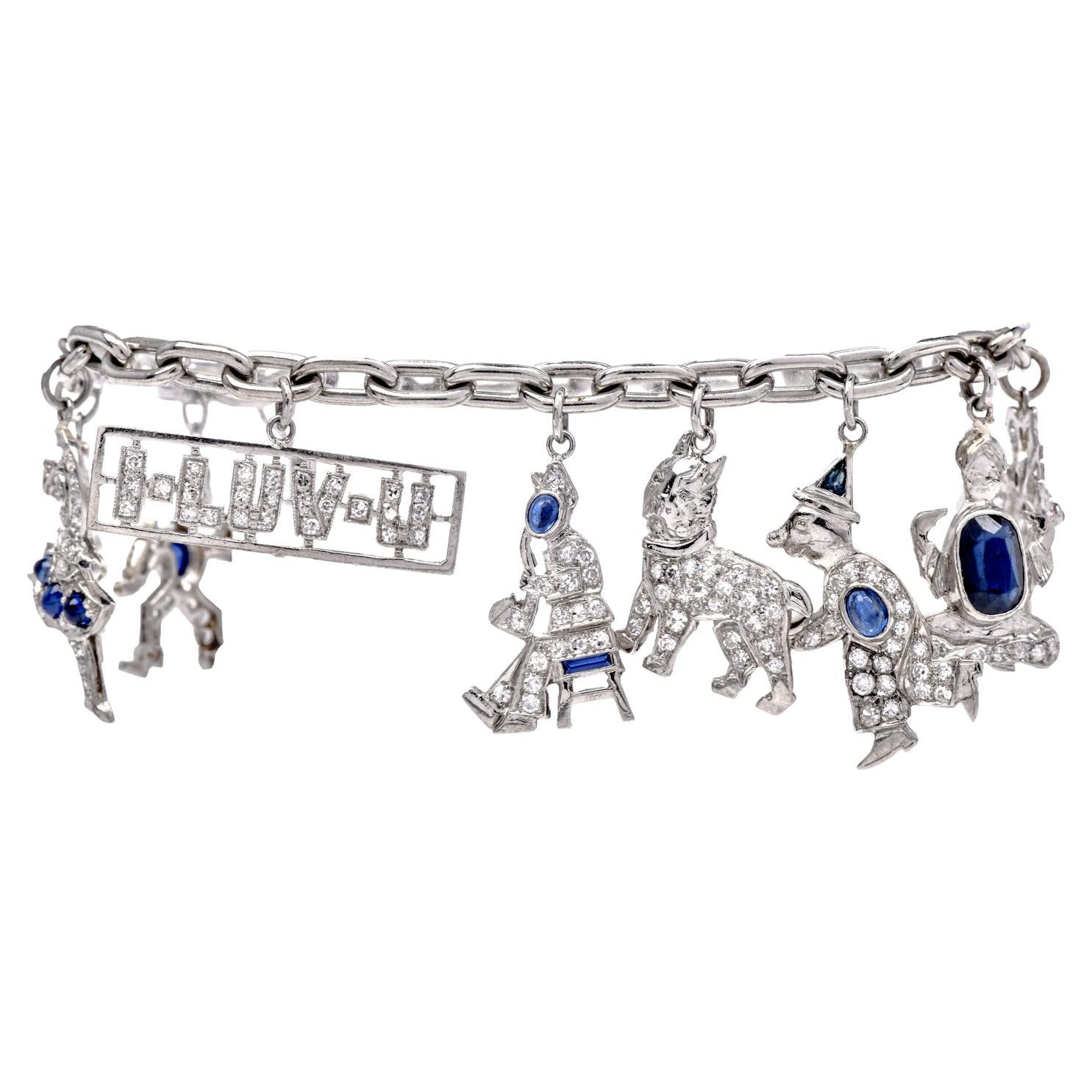  Vintage Nautical Diamond  Platinum Charm Bracelet 