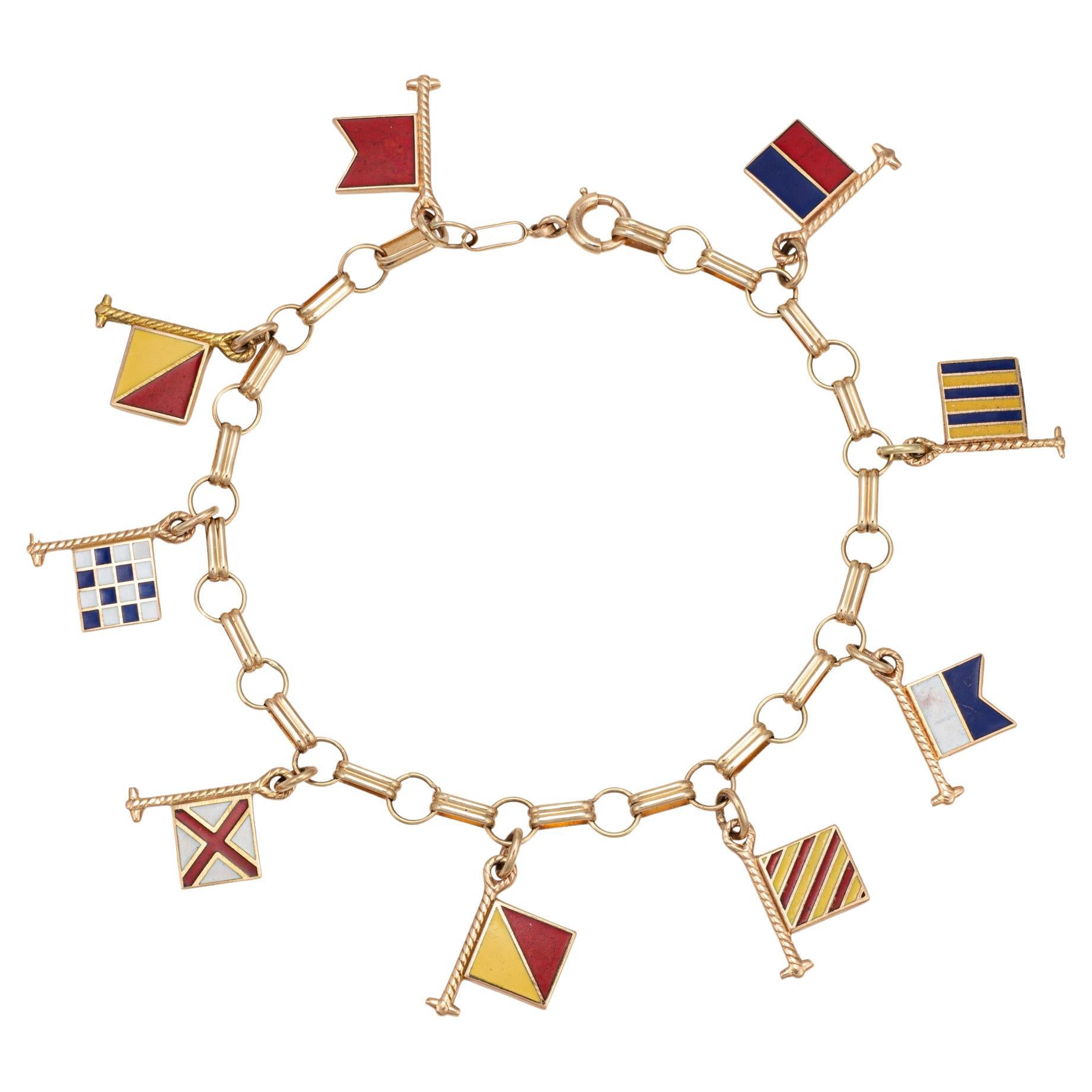 Vintage Nautical Flags Enamel Charm Bracelet 14k Yellow Gold Bon Voyage Jewelry 