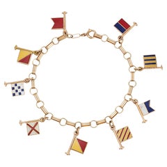 Vintage Nautical Flags Enamel Charm Bracelet 14k Yellow Gold Bon Voyage Jewelry 