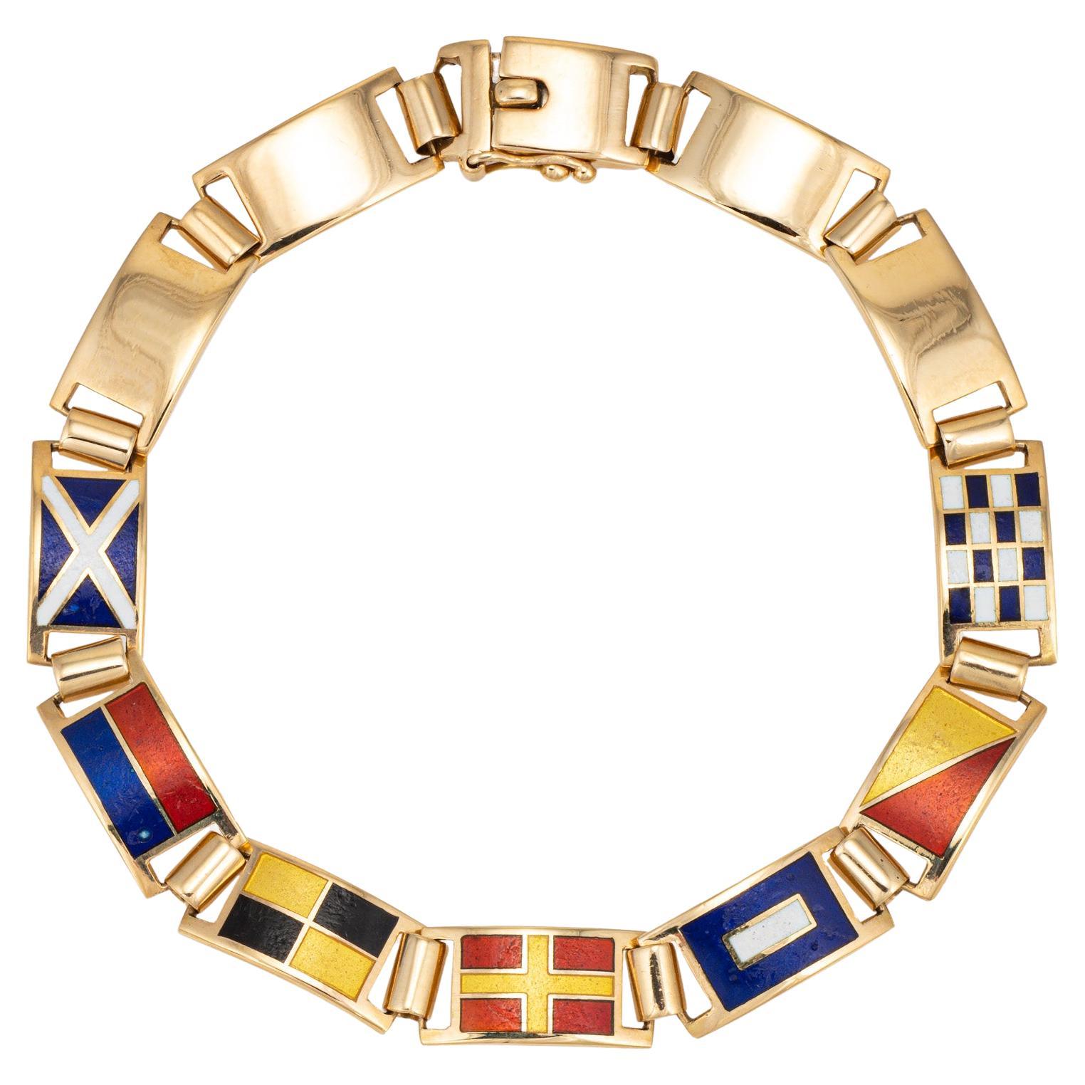 Vintage Nautical Flags Enamel Charm Bracelet 18k Yellow Gold Maritime Jewelry