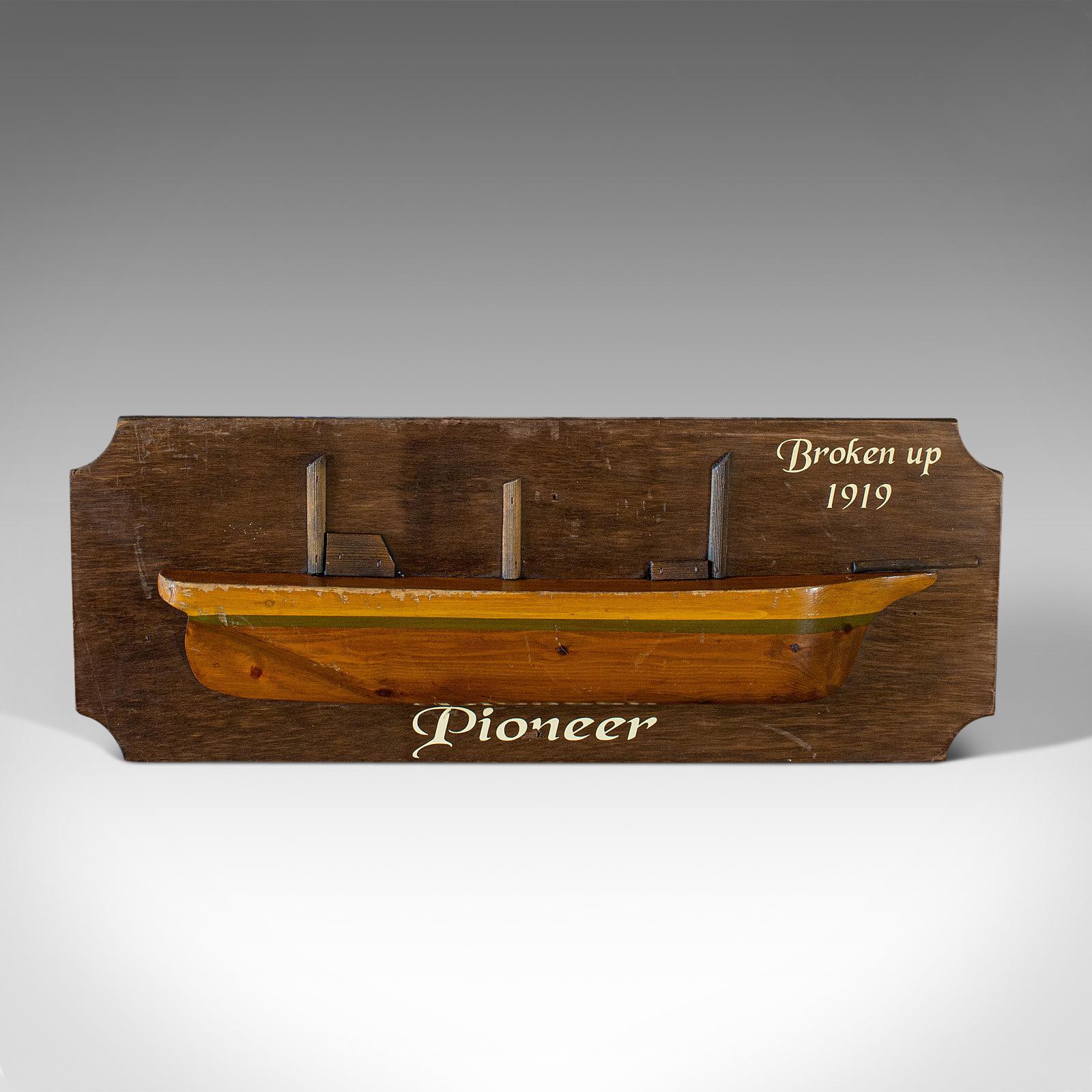 This is a vintage nautical half hull. An English, pine decorative ship model, dating to the early 20th century, circa 1930.

A charming example of a half hull model
Displays a desirable patina
Pine shows fine grain interest
Presented with the
