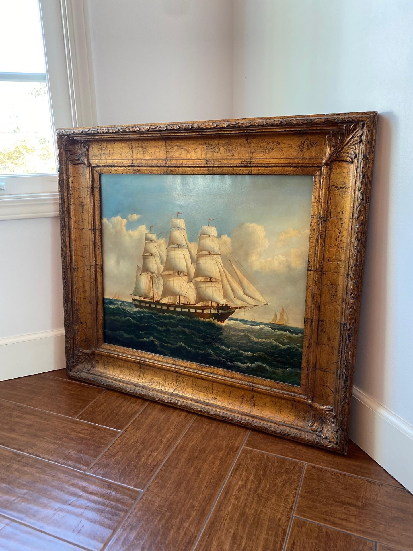 Folk Art Vintage Nautical Marine Ship Scene Oil Painting by Henry Martz