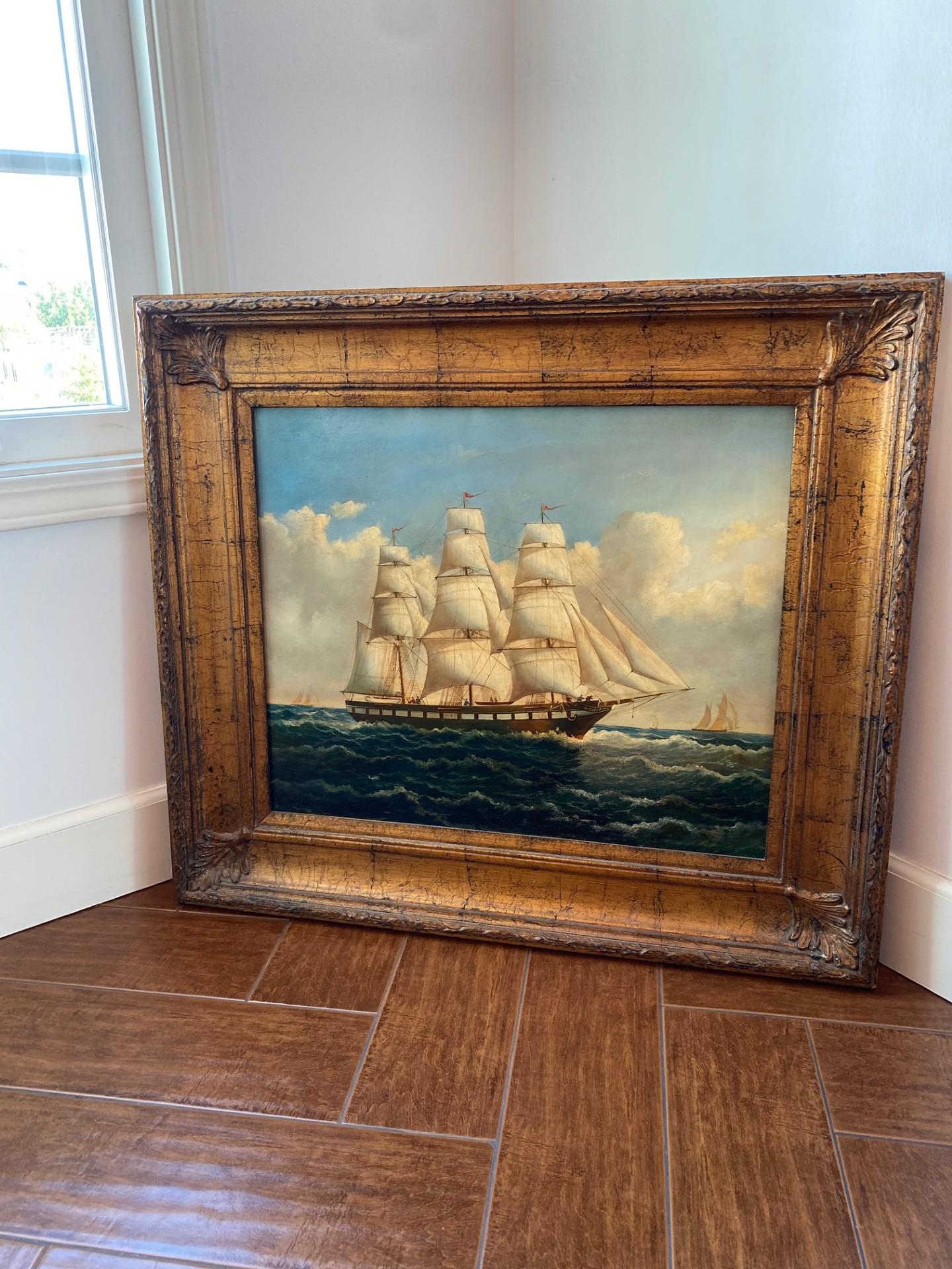 British Vintage Nautical Marine Ship Scene Oil Painting by Henry Martz