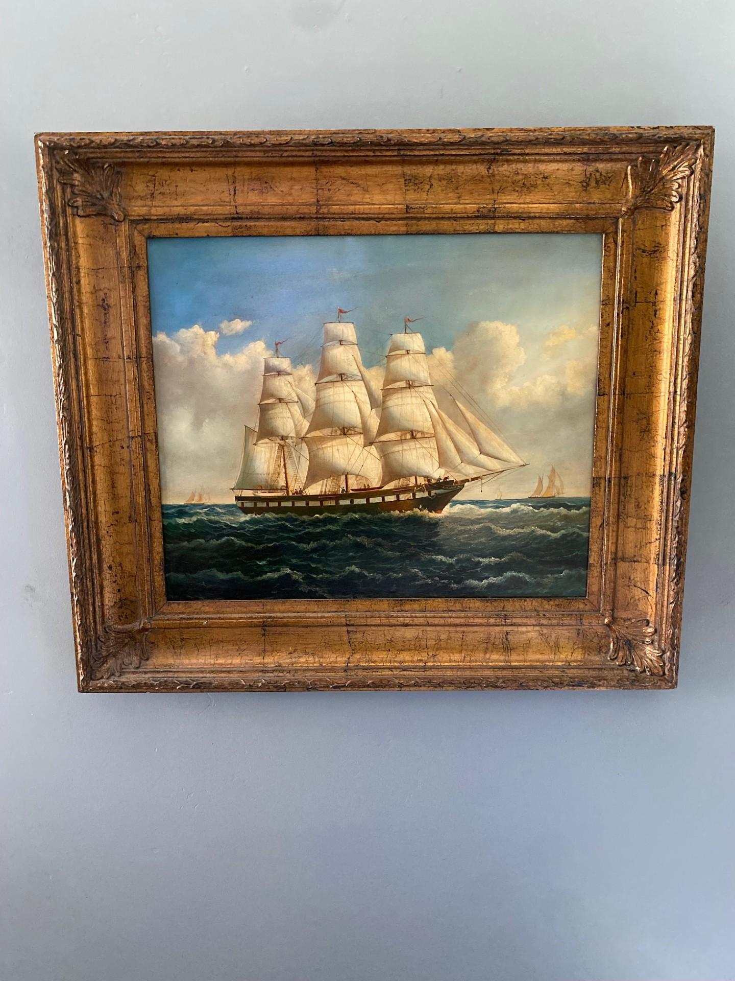Vintage Nautical Marine Ship Scene Oil Painting by Henry Martz In Good Condition In San Diego, CA