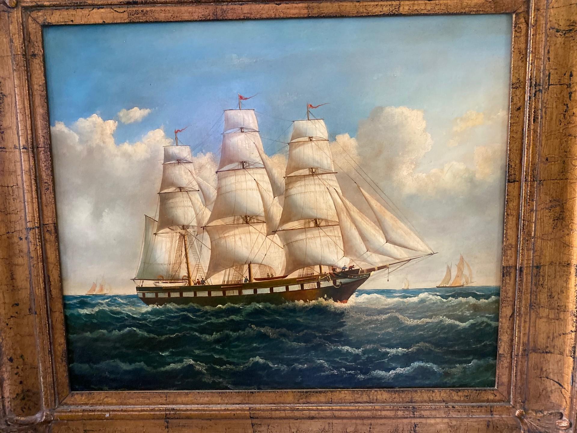 Wood Vintage Nautical Marine Ship Scene Oil Painting by Henry Martz
