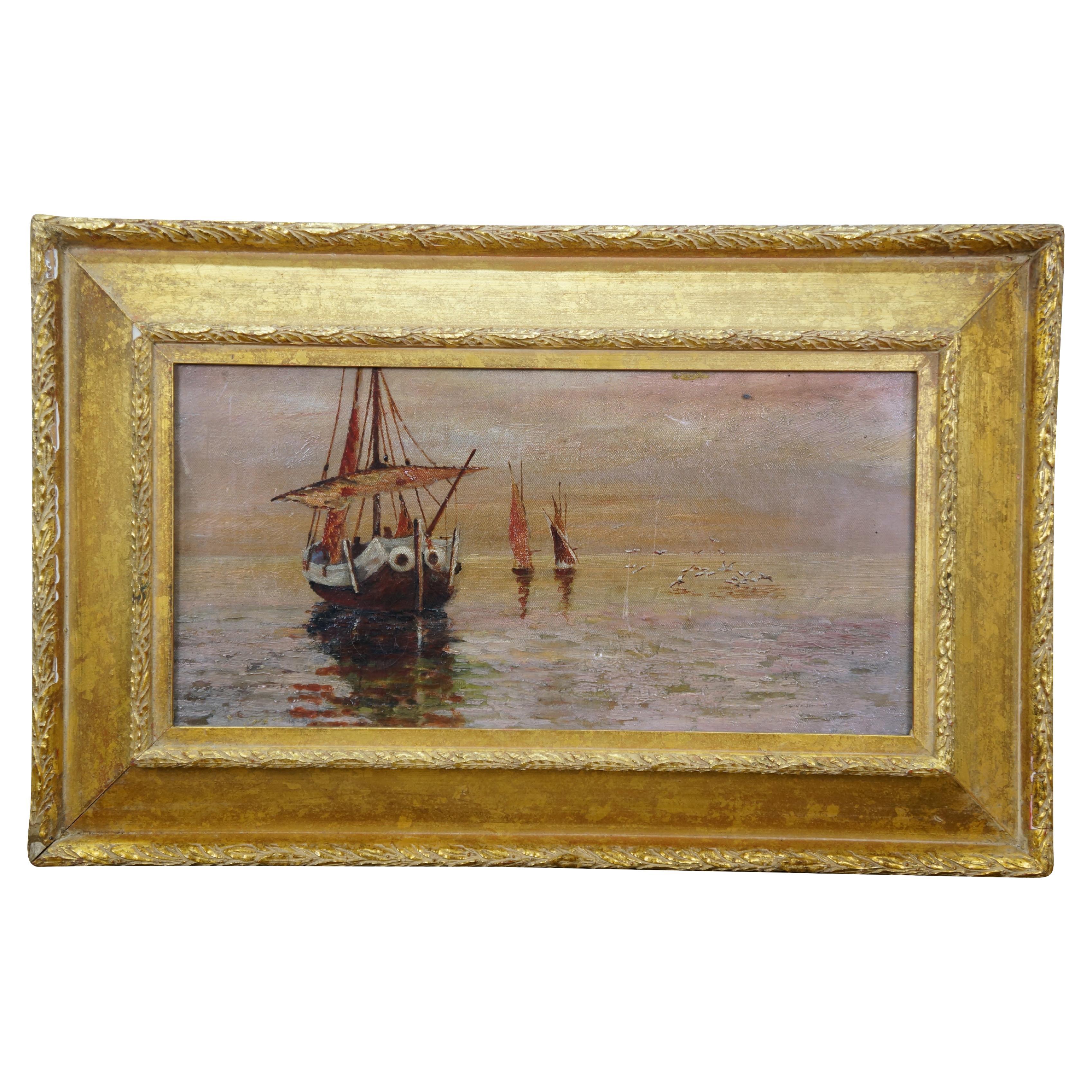 Vintage Nautical Maritime Trio of Sailboats Ocean Seascape Oil Painting 25"