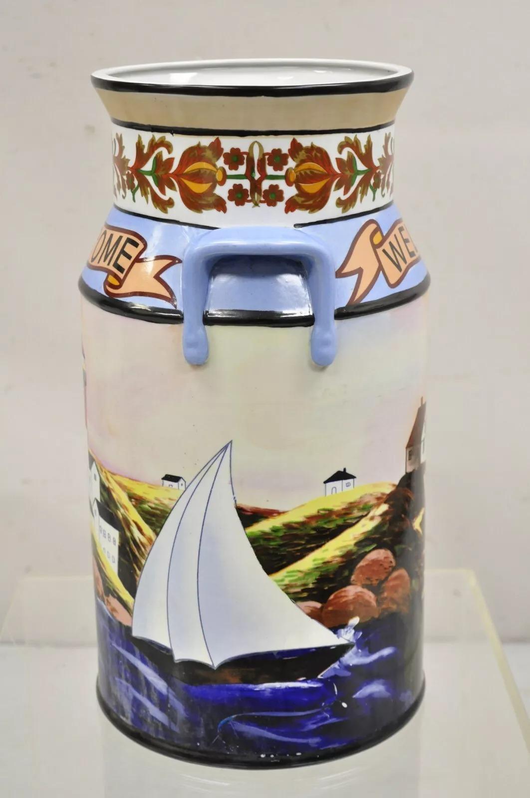 Vintage Nautical Painted Lighthouse and Flag Ceramic Umbrella Cane Holder For Sale 6