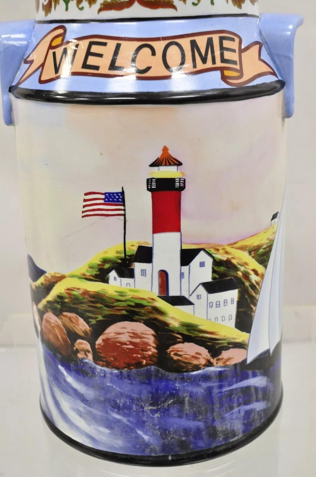 20th Century Vintage Nautical Painted Lighthouse and Flag Ceramic Umbrella Cane Holder For Sale