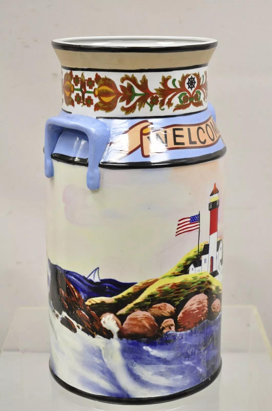 Porte-cannes pour parapluie en céramique, phare et drapeau, peinture nautique vintage en vente 1