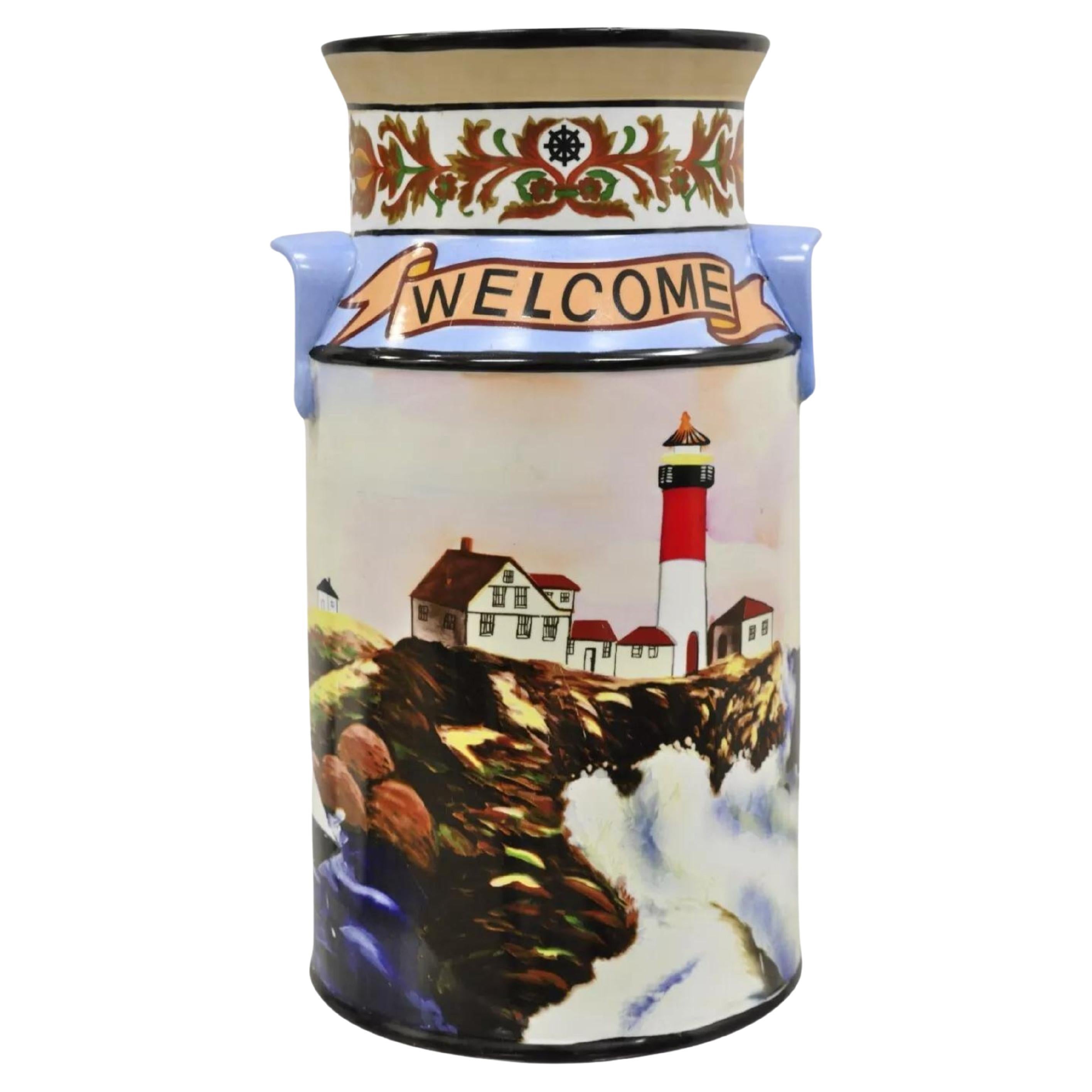 Porte-cannes pour parapluie en céramique, phare et drapeau, peinture nautique vintage en vente