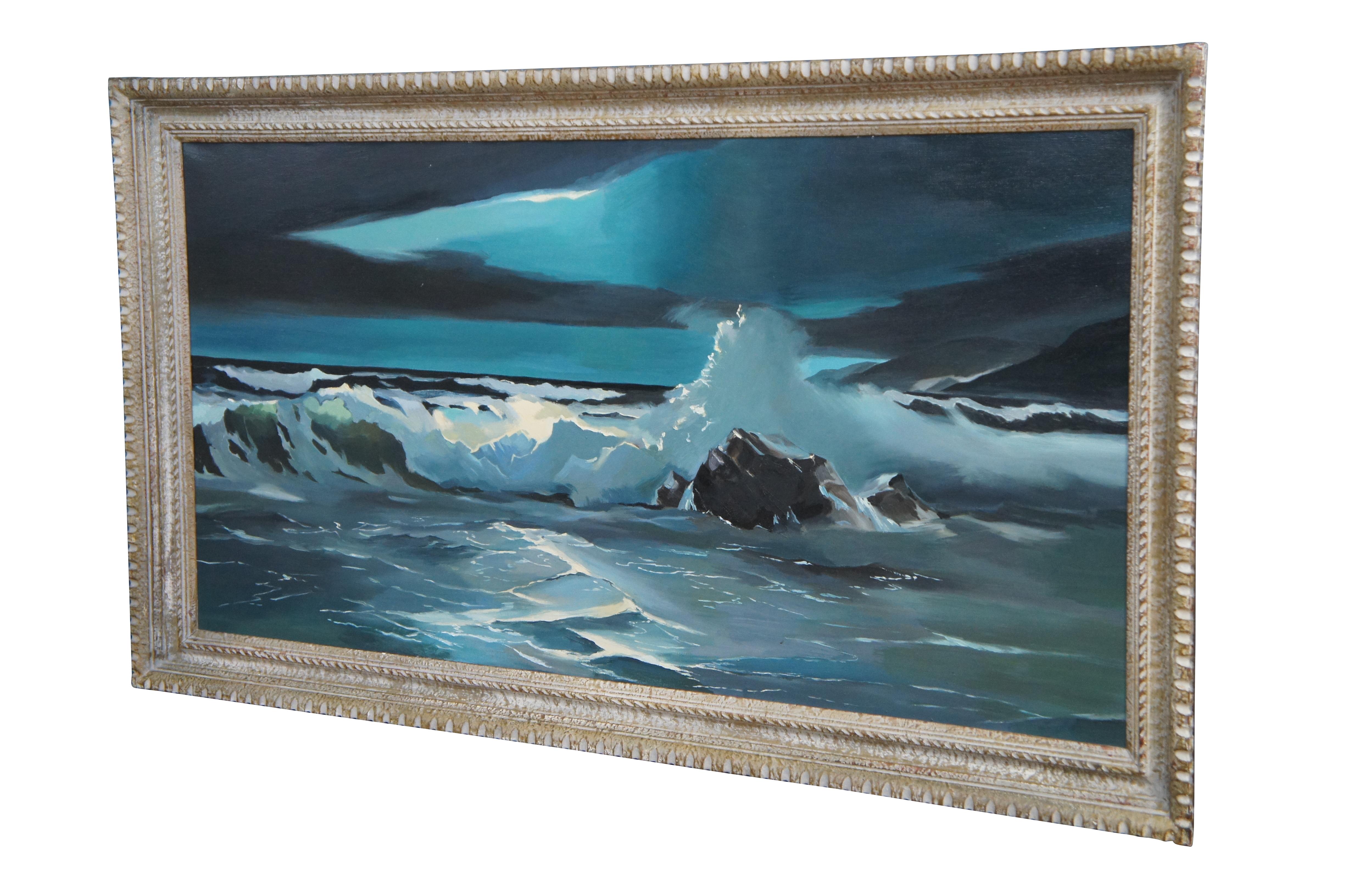 Mid to late 20th century expressionist nautical oil painting on canvas featuring a seascape with ocean waves crashing on rocks under a night sky. Fukazen & Co. Est 1728 Kawagoe City, Saitama, Japan.

Provenance:
Estate of J. Frederic Gagel, owner