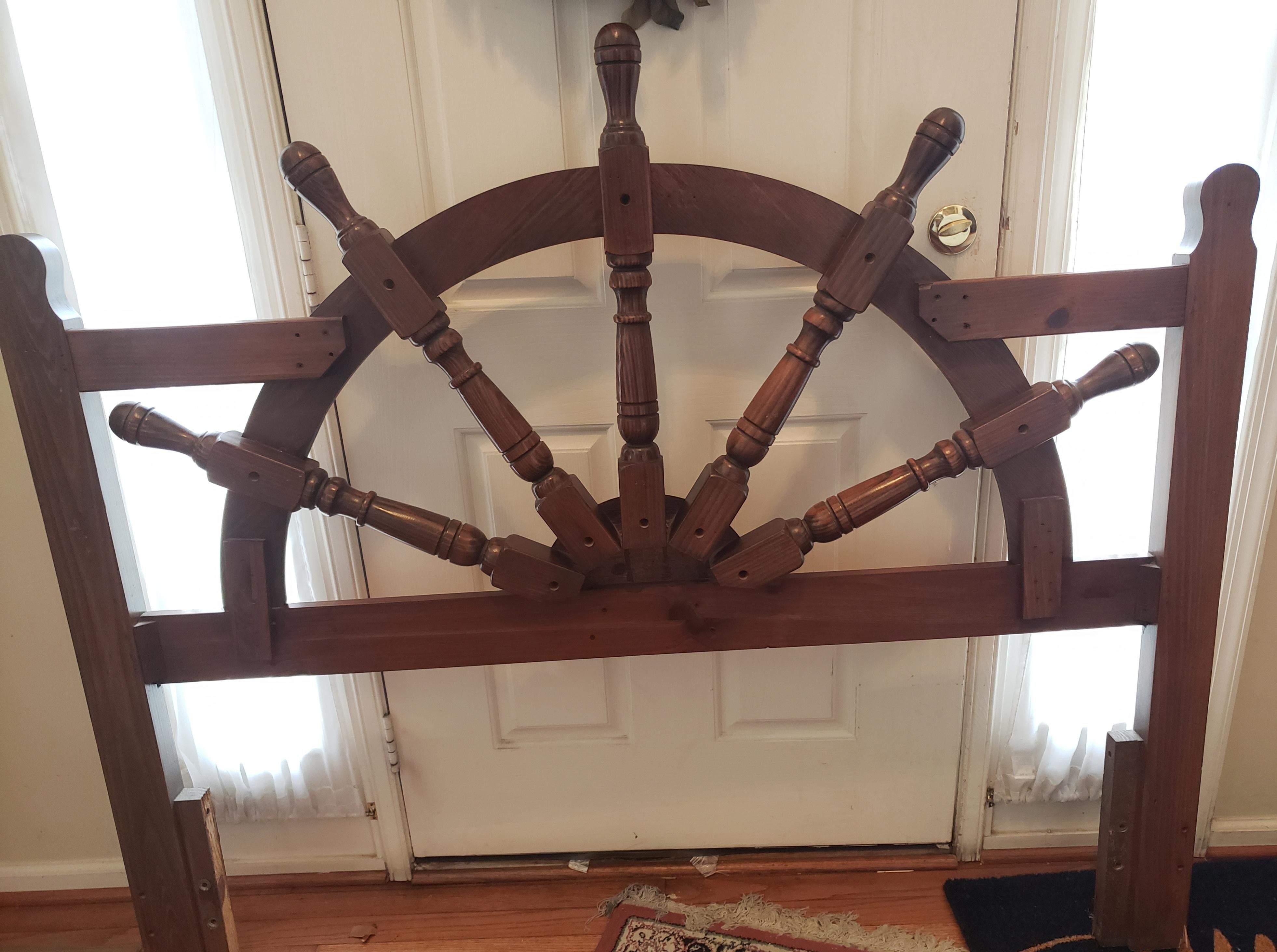 Vintage Nautical Ship Wheel Queen or Full Size Headboard in very good condition. 
Oak in walnut finish. 
Measures 60