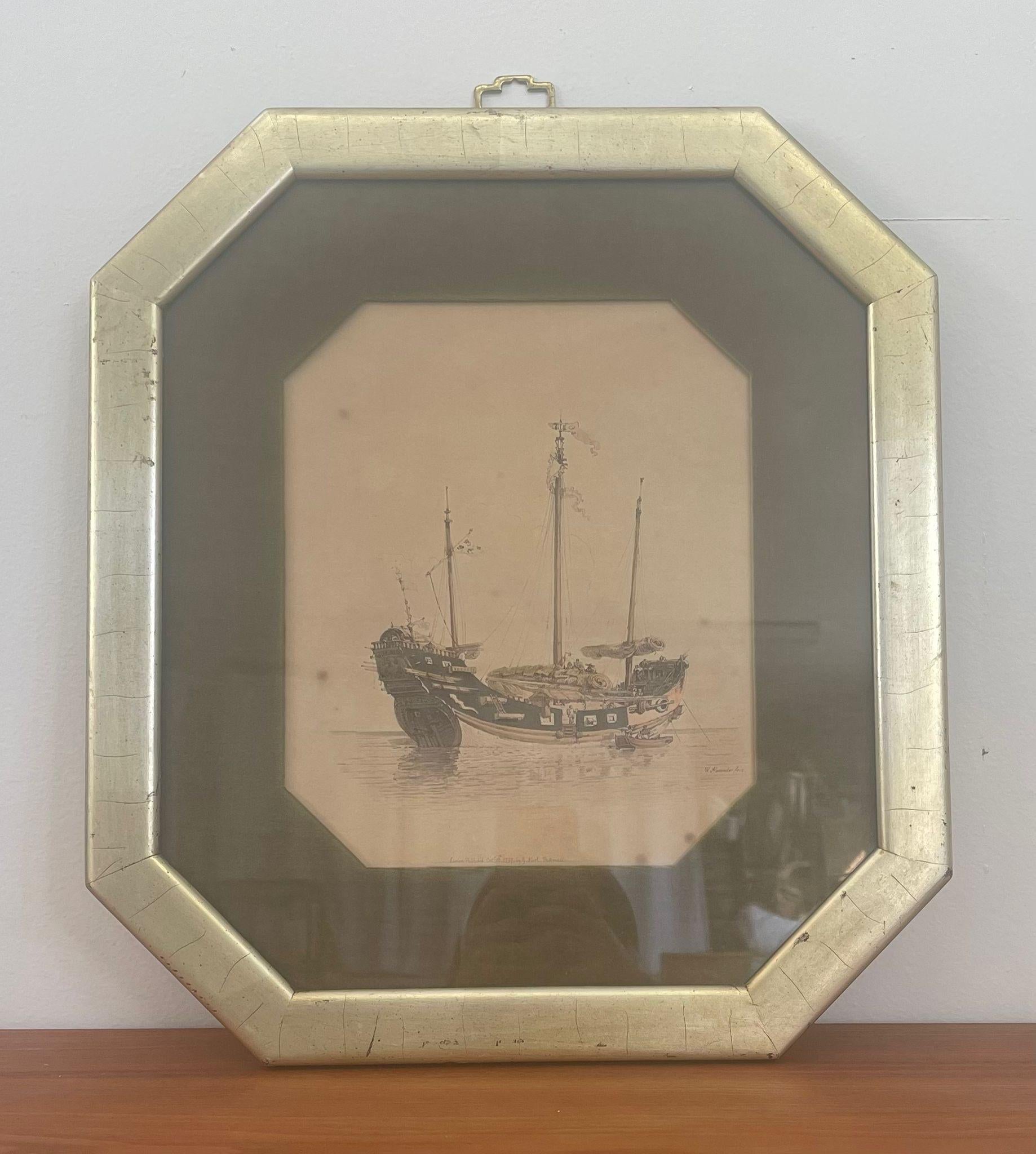 Mid-Century Modern Vintage Nautical Signed and Framed Print “ Traveling Barge “ For Sale