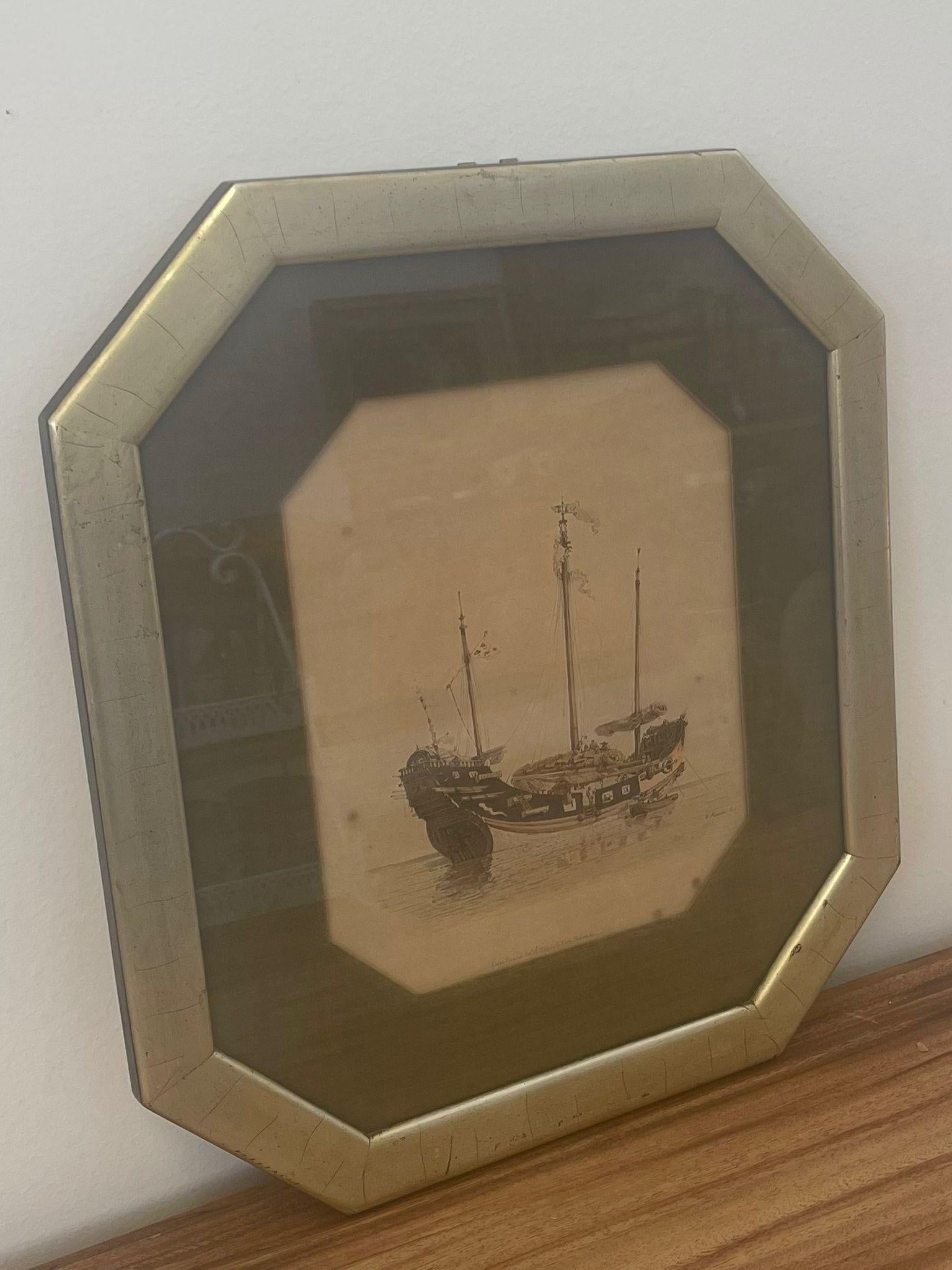 Wood Vintage Nautical Signed and Framed Print “ Traveling Barge “ For Sale