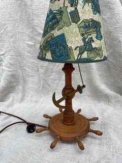 Vintage Nautical Table Lamp with Ship Wheel Base & Brass Anchor