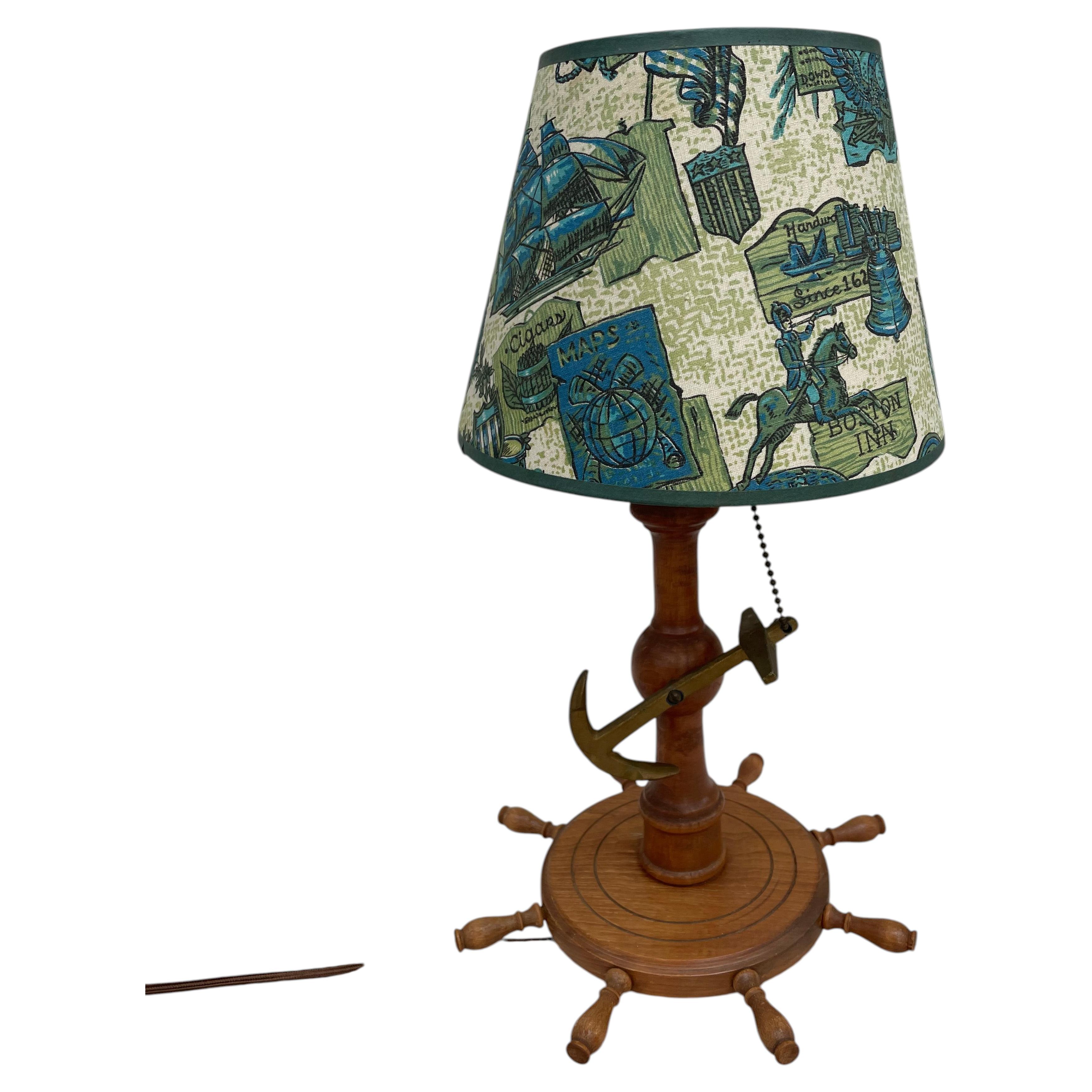 Vintage Nautical Table Lamp with Ship Wheel Base & Brass Anchor