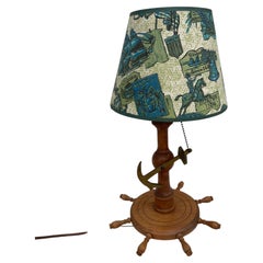 Vintage Nautical Table Lamp with Ship Wheel Base & Brass Anchor