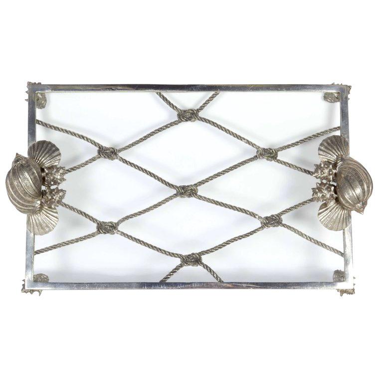 Elegant Renaissance Revival pewter and glass serving tray with organic nautical theme. All handcrafted and hand forged metal frame with glass top. Features sea shell and knotted rope motifs. Great addition to any barware set or dinnerware set.