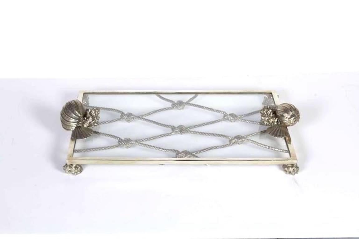 Hollywood Regency Vintage Nautical Theme Serving Tray in Hand Forged Pewter and Glass