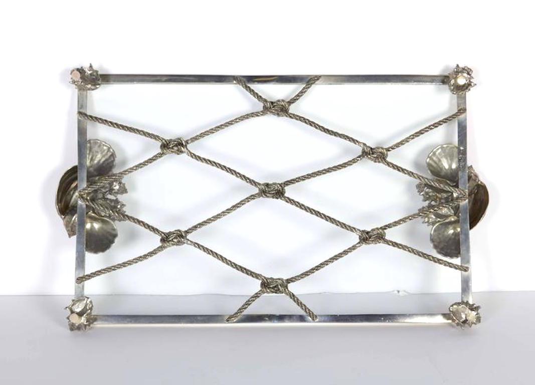 Hand-Crafted Vintage Nautical Theme Serving Tray in Hand Forged Pewter and Glass