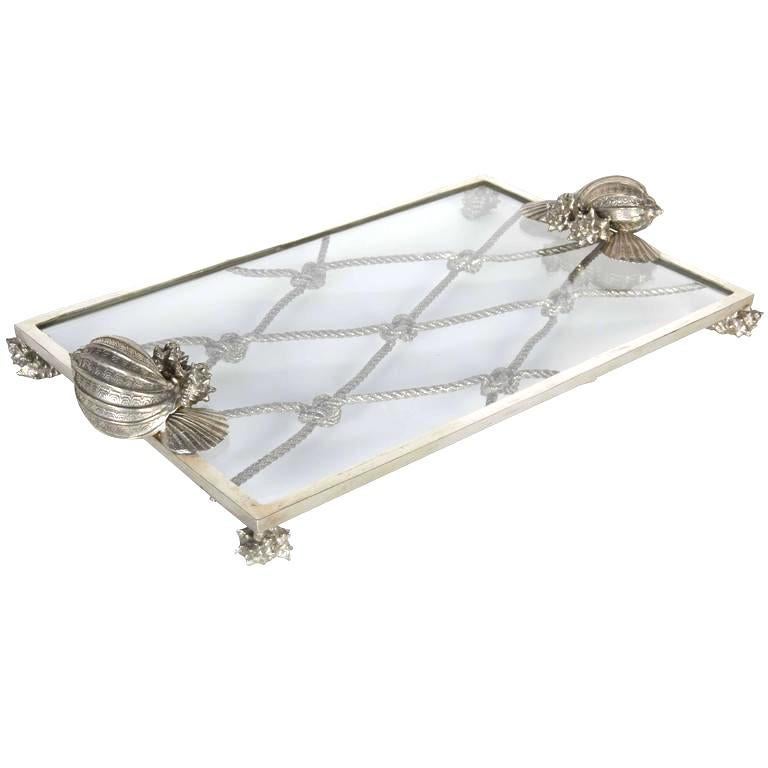 Vintage Nautical Theme Serving Tray in Hand Forged Pewter and Glass