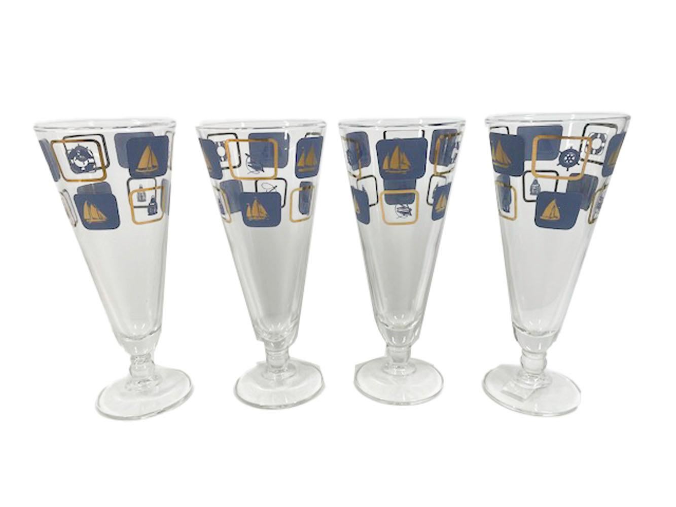 Mid-Century Modern Vintage Nautical Themed Pilsner Glasses Decorated in Blue Enamel and 22k Gold For Sale