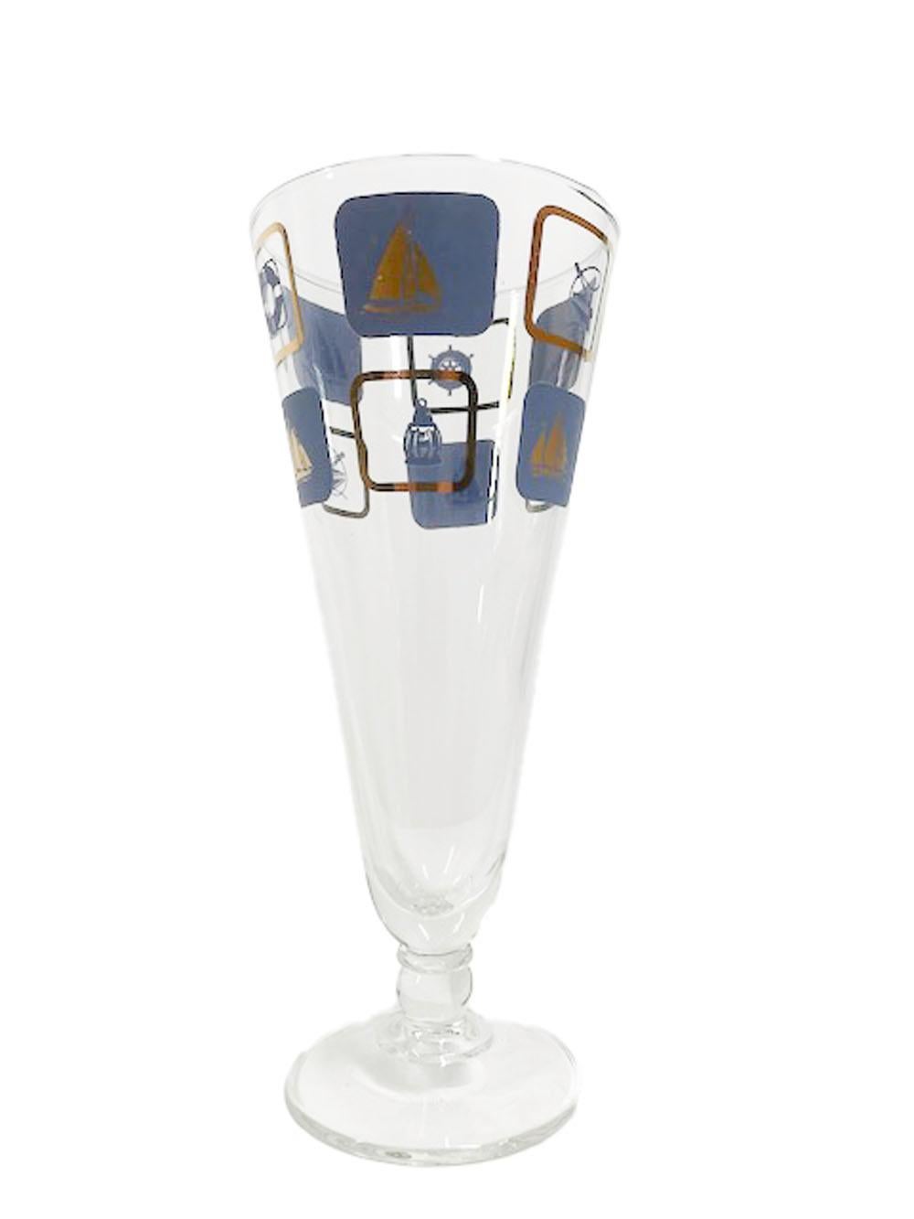 Vintage Nautical Themed Pilsner Glasses Decorated in Blue Enamel and 22k Gold In Good Condition For Sale In Nantucket, MA