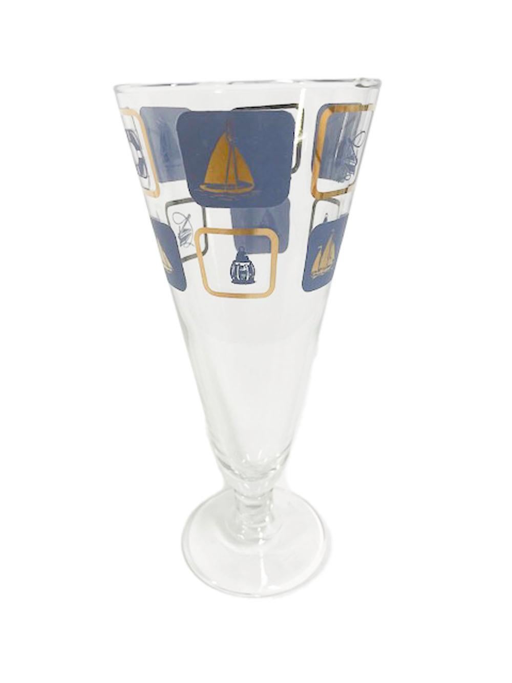 20th Century Vintage Nautical Themed Pilsner Glasses Decorated in Blue Enamel and 22k Gold For Sale