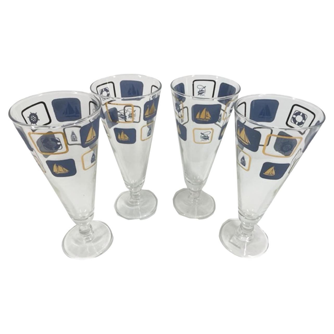 Vintage Nautical Themed Pilsner Glasses Decorated in Blue Enamel and 22k Gold For Sale