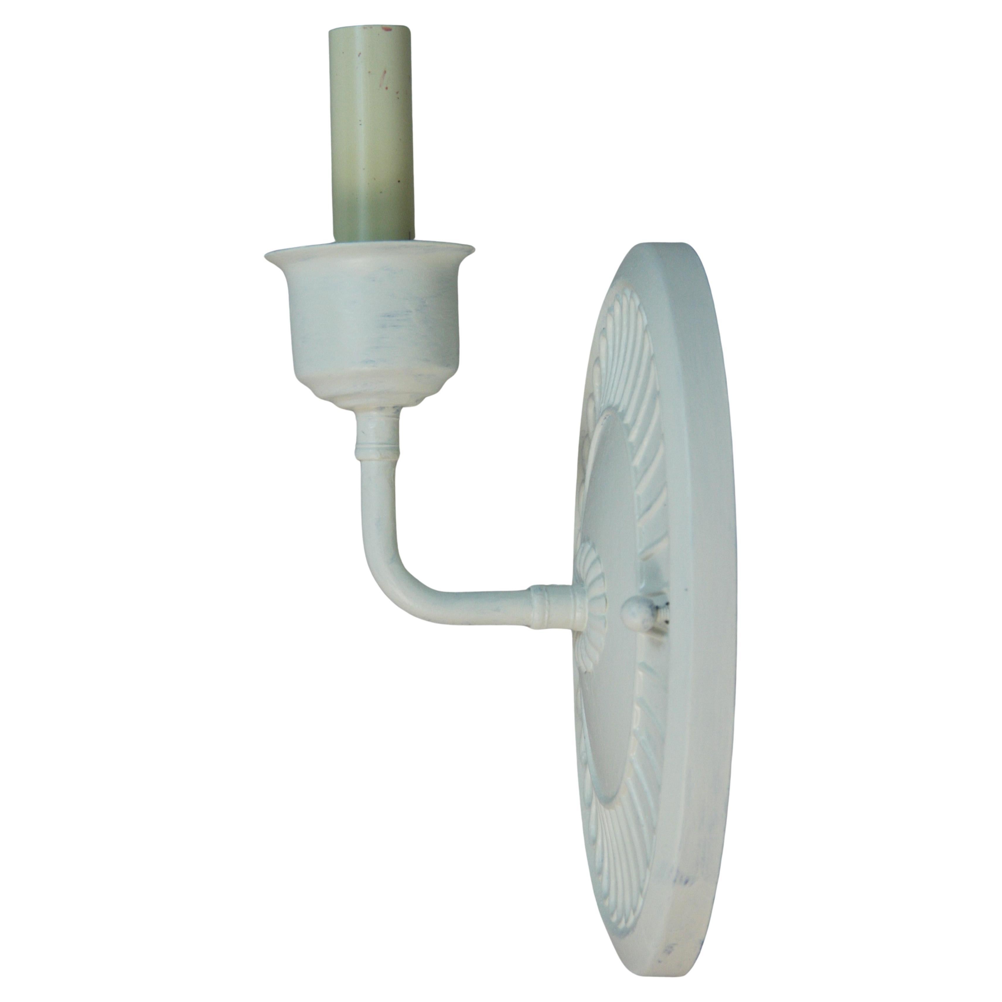 1524 Pair of blue hand painted  brass sconces with clear glass hurricane shade.
Takes one 60 watt candelabra base bulb.