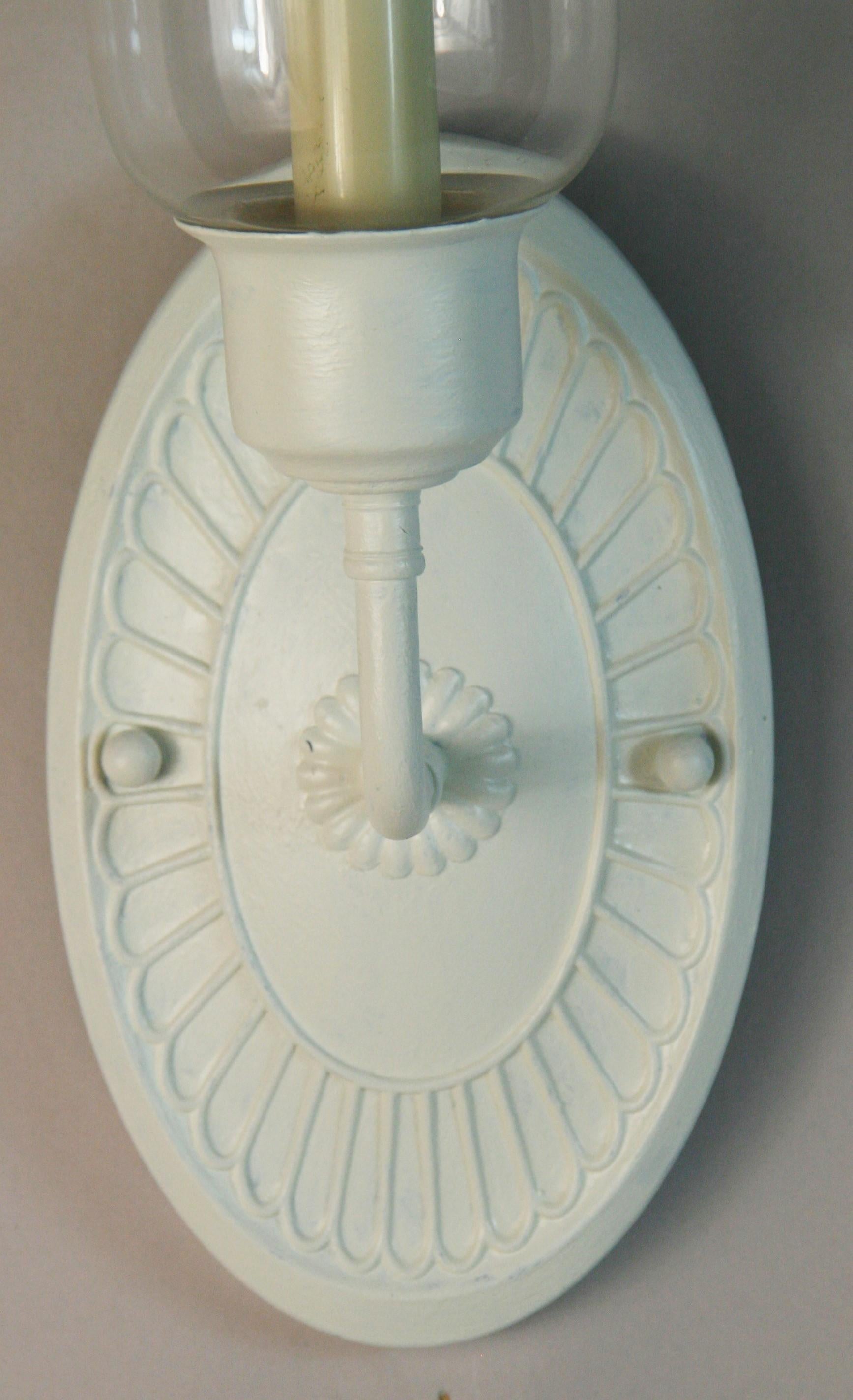 Vintage Nautical  White  Painted Brass  Hurricane Sconces a Pair In Good Condition For Sale In Douglas Manor, NY