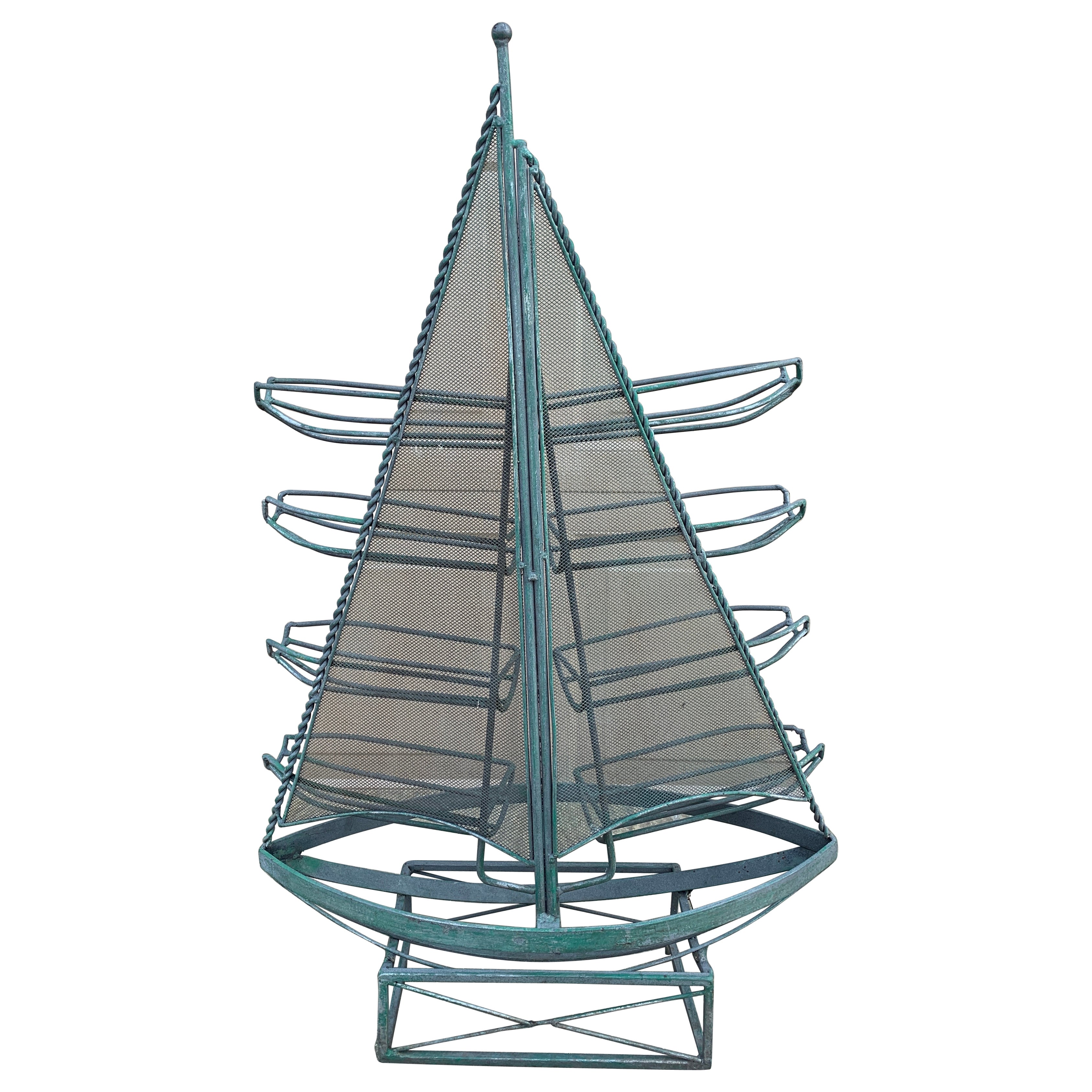 Vintage Nautical Wrought Iron Green Sail Boat Wine Rack
