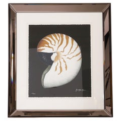 Nautilus- oder Muschelstein-Lithographie im Vintage-Stil in verspiegeltem Rahmen
