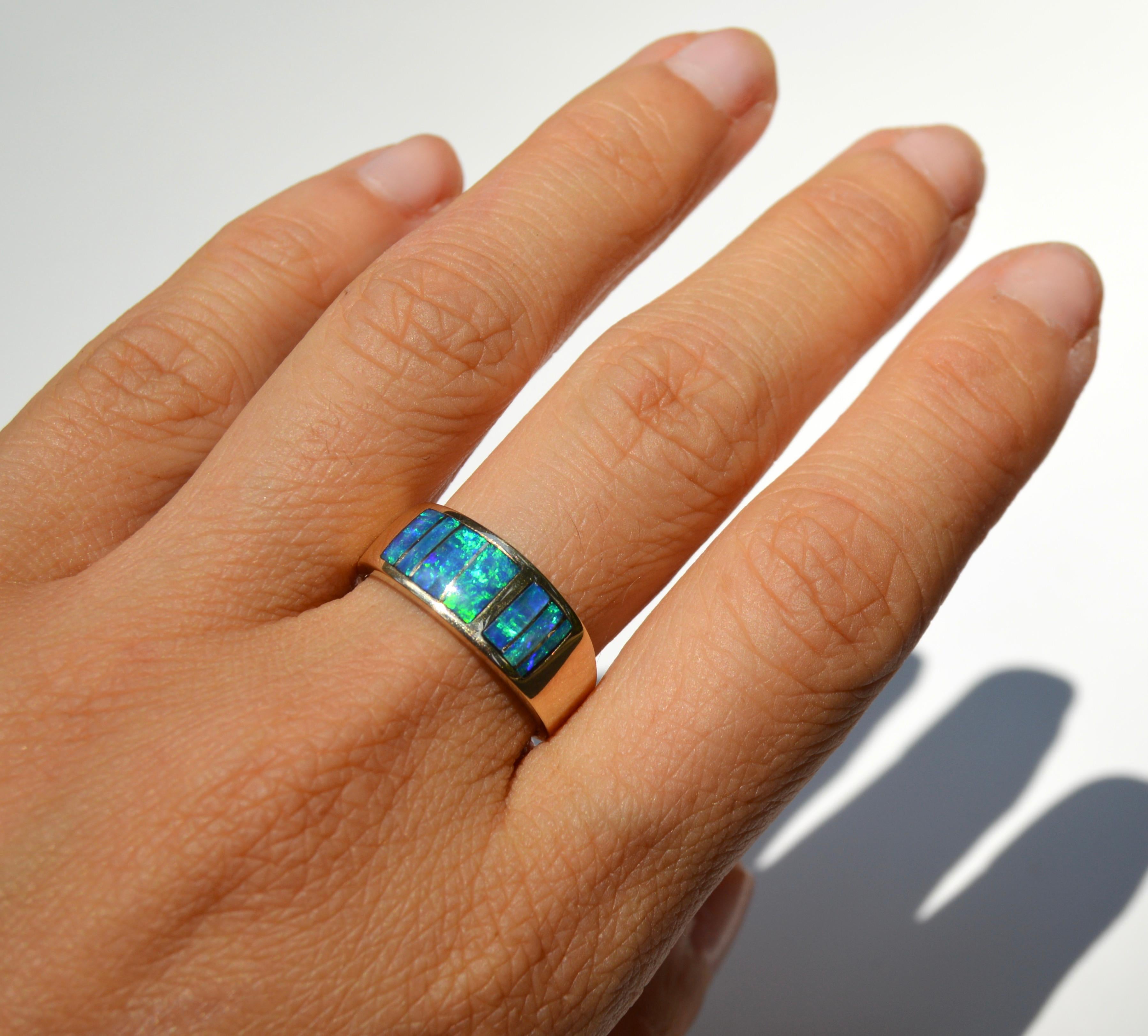 Uncut Vintage Navajo 14 Karat Gold Black Opal Inlay Band Ring