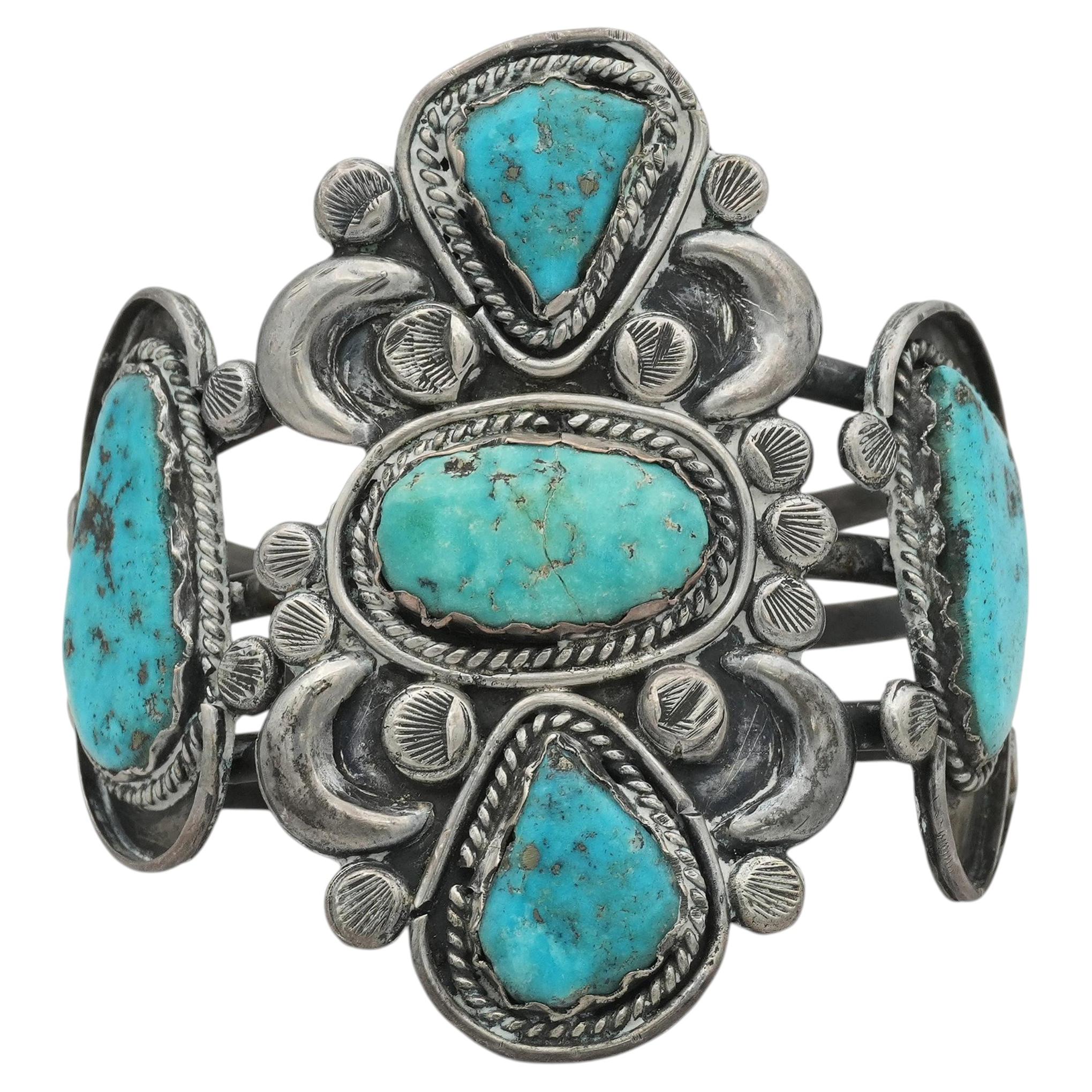 Vintage Navajo 900 Silver Five-Stone Turquoise Cuff Bracelet