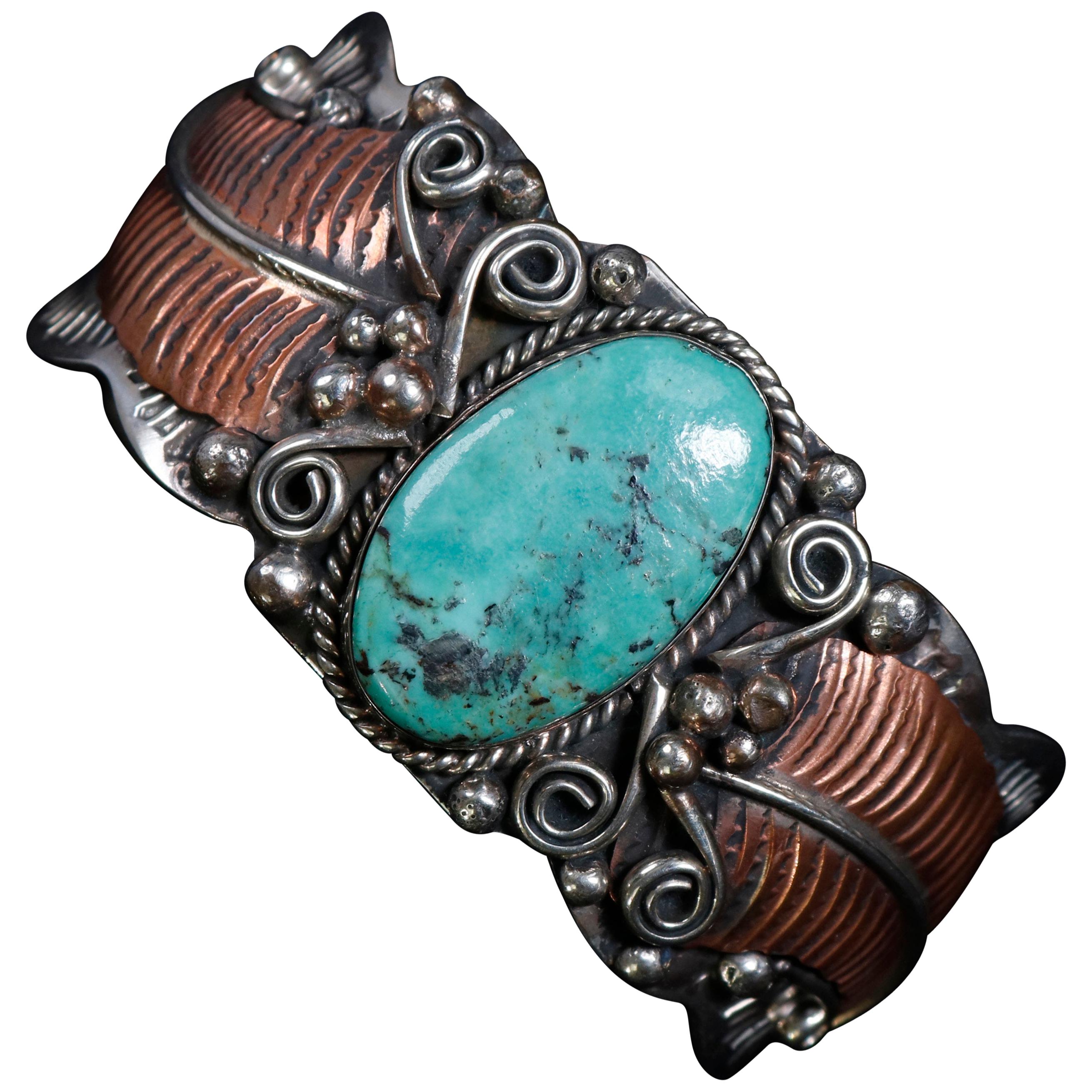 Navajo Albert Cleveland Sterling Copper & Turquoise Cuff Bracelet, 20th Century