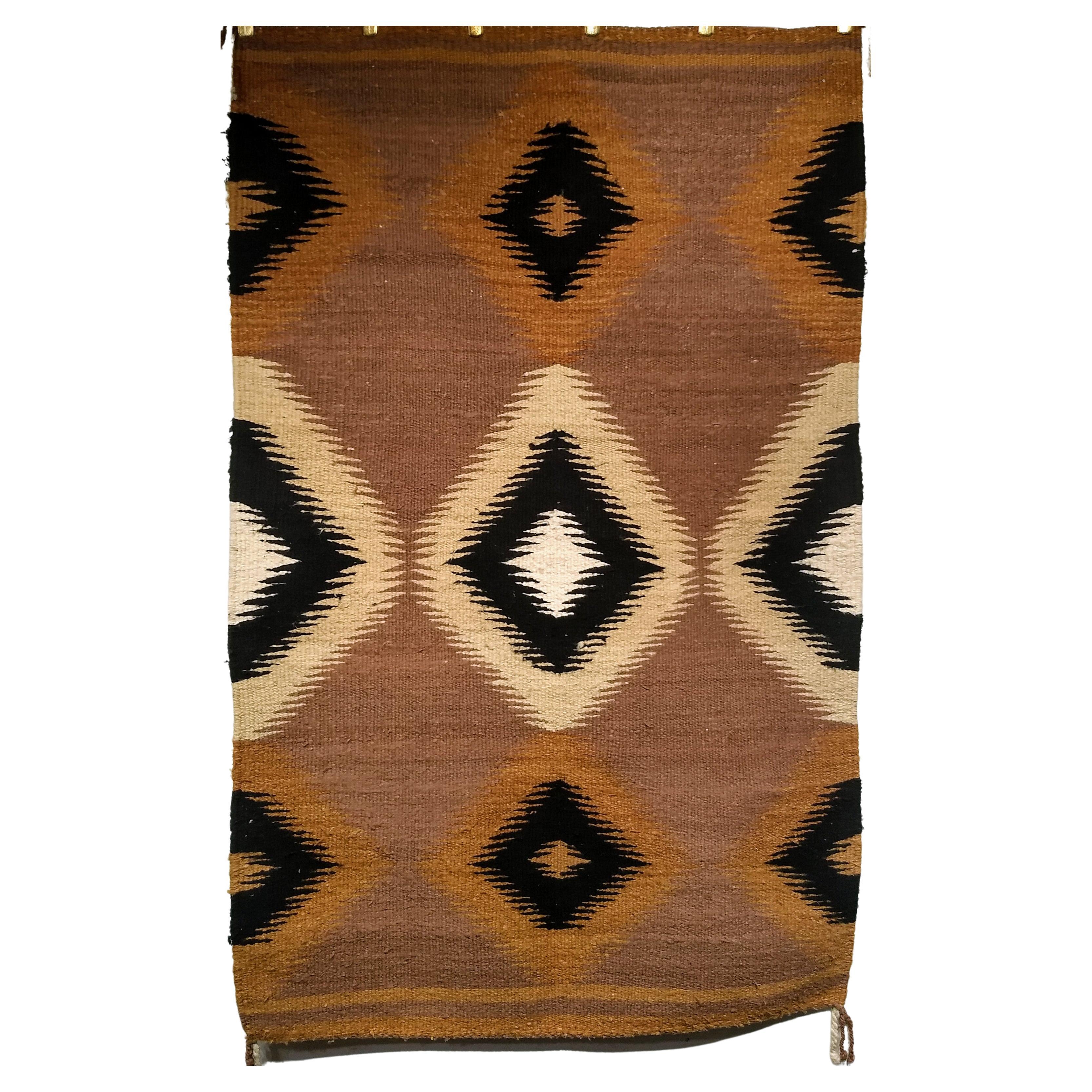  Vintage American Navajo Rug in Eye Dazzler Pattern in Ivory, Brown, Black