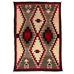 Tapis Navajo Vintage, Circa 1930 Ganado Trading Post, Ecru Red Gray Brown