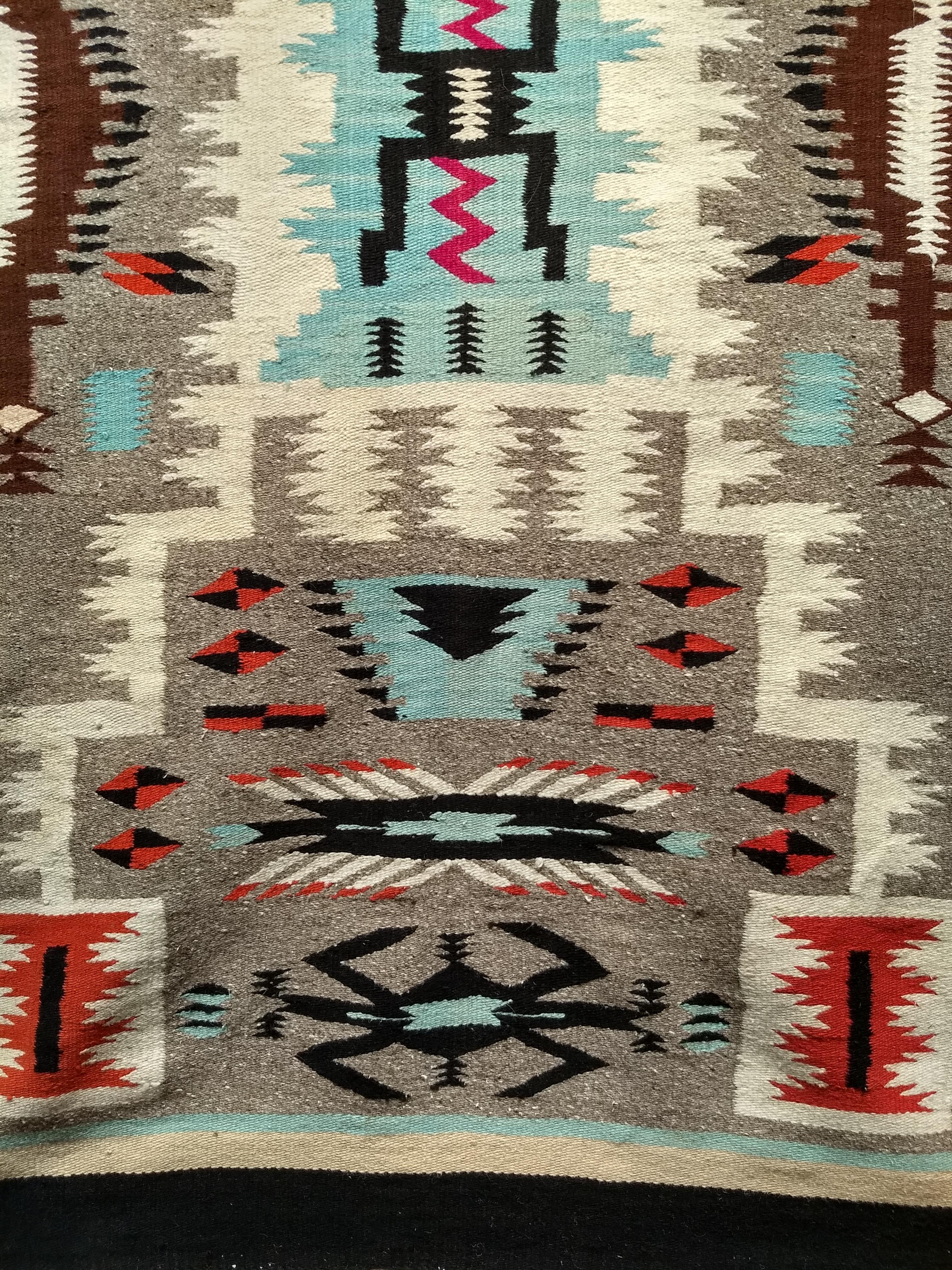 Wool Vintage American Navajo Rug in Storm Warrior Design in turquoise, Pink, Magenta For Sale