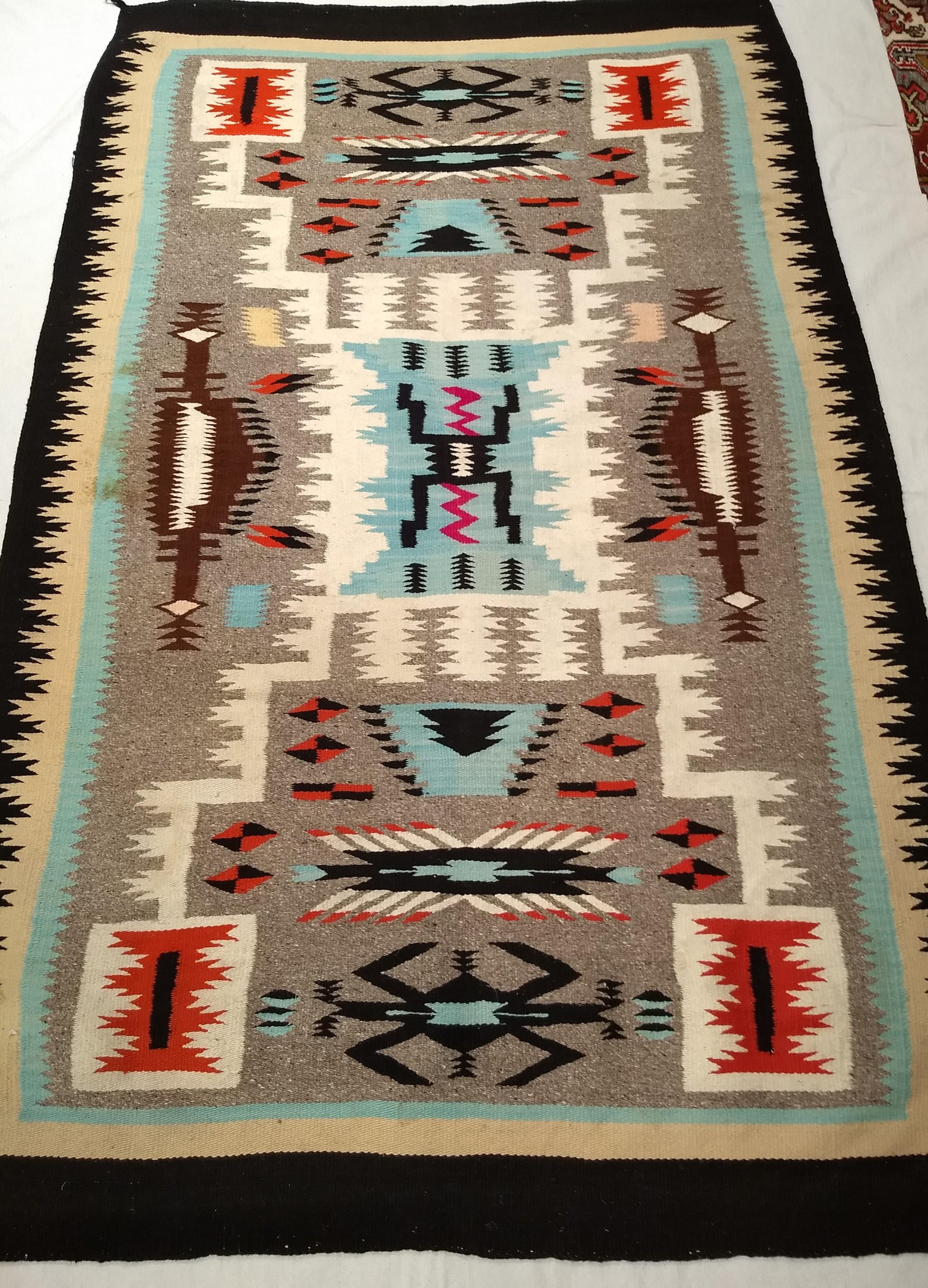 Vintage American Navajo Rug in Storm Warrior Design in turquoise, Pink, Magenta For Sale 2