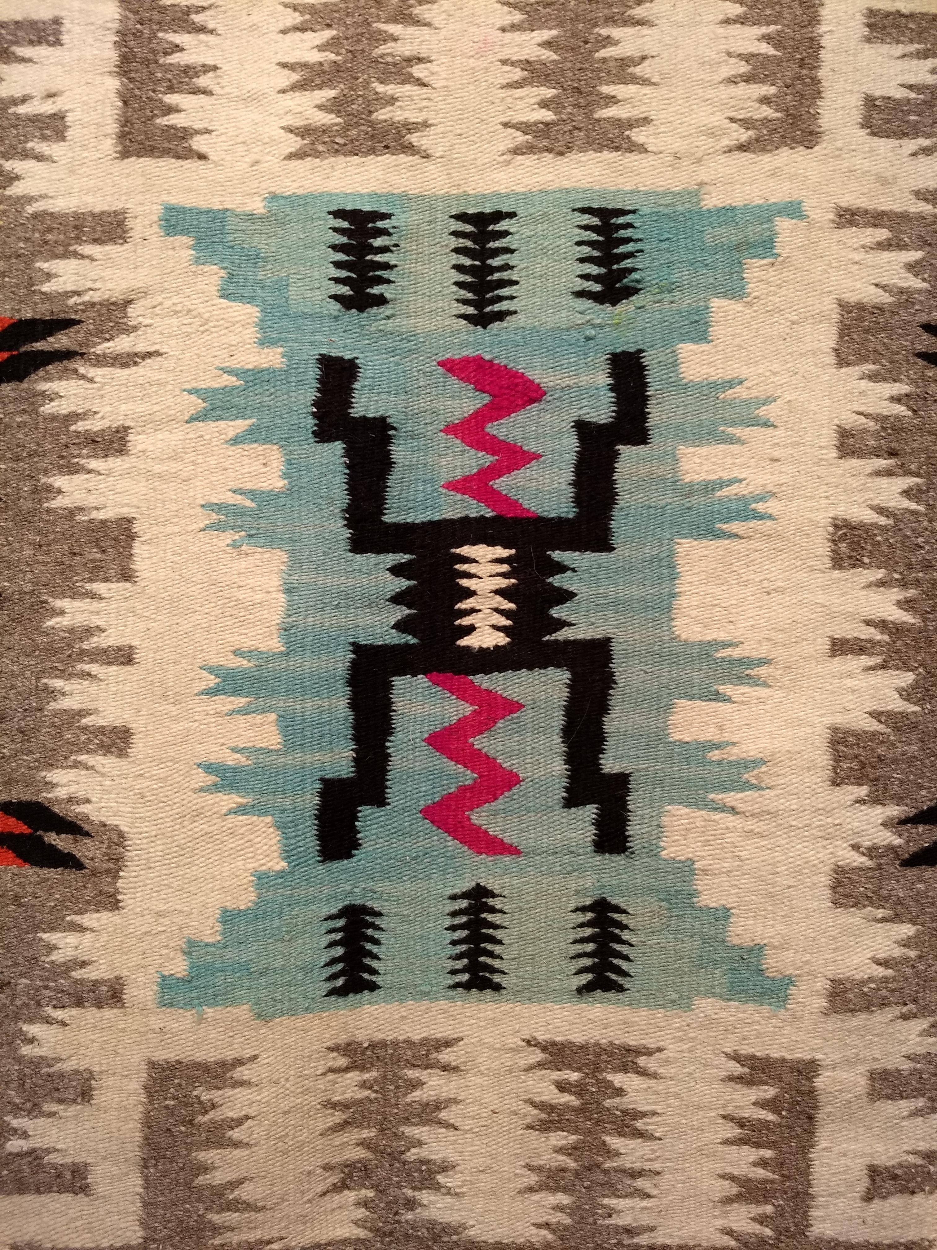 Hand-Woven Vintage American Navajo Rug in Storm Warrior Design in turquoise, Pink, Magenta For Sale