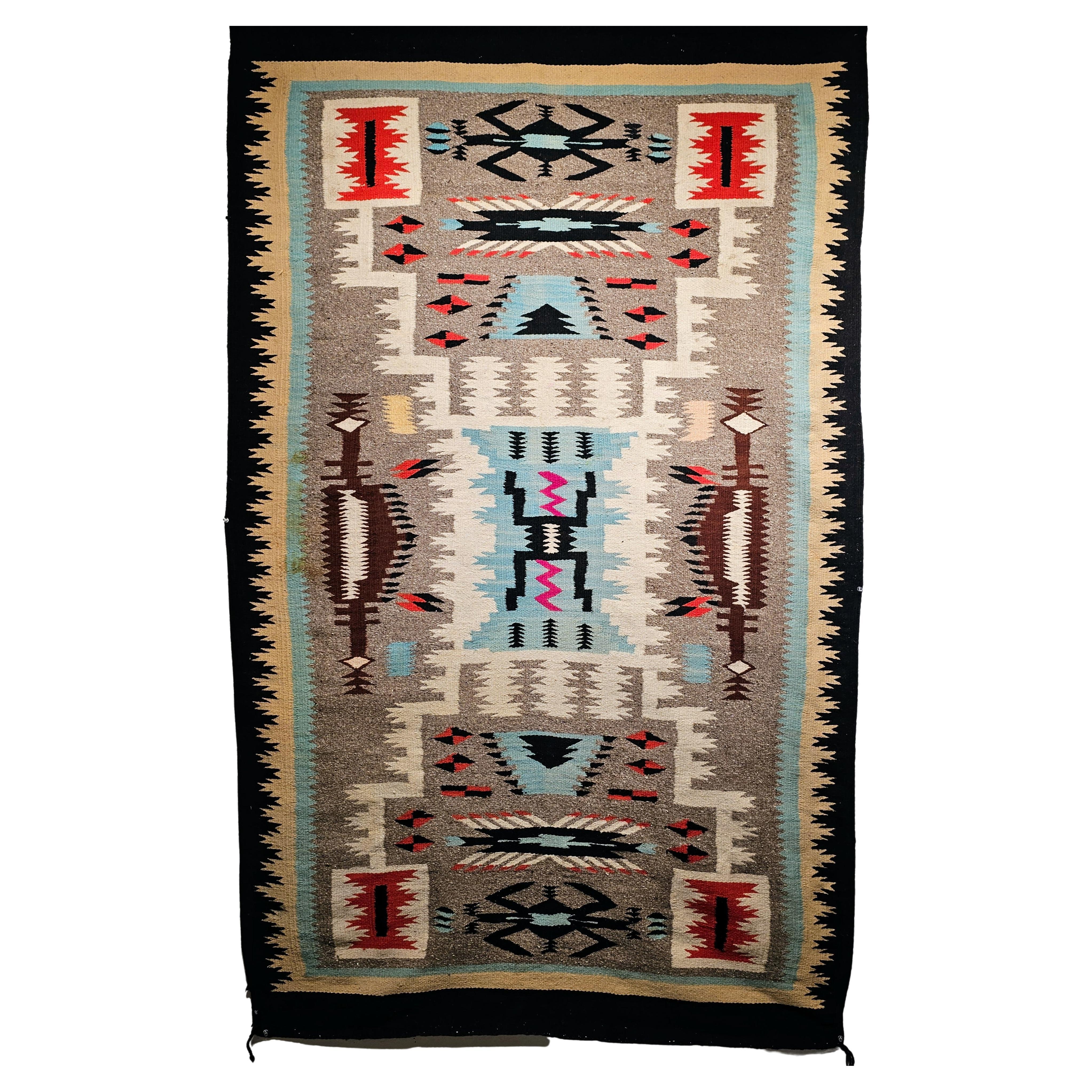 Tapis Navajo américain vintage au motif de guerrier des tempêtes en turquoise, rose, magenta en vente