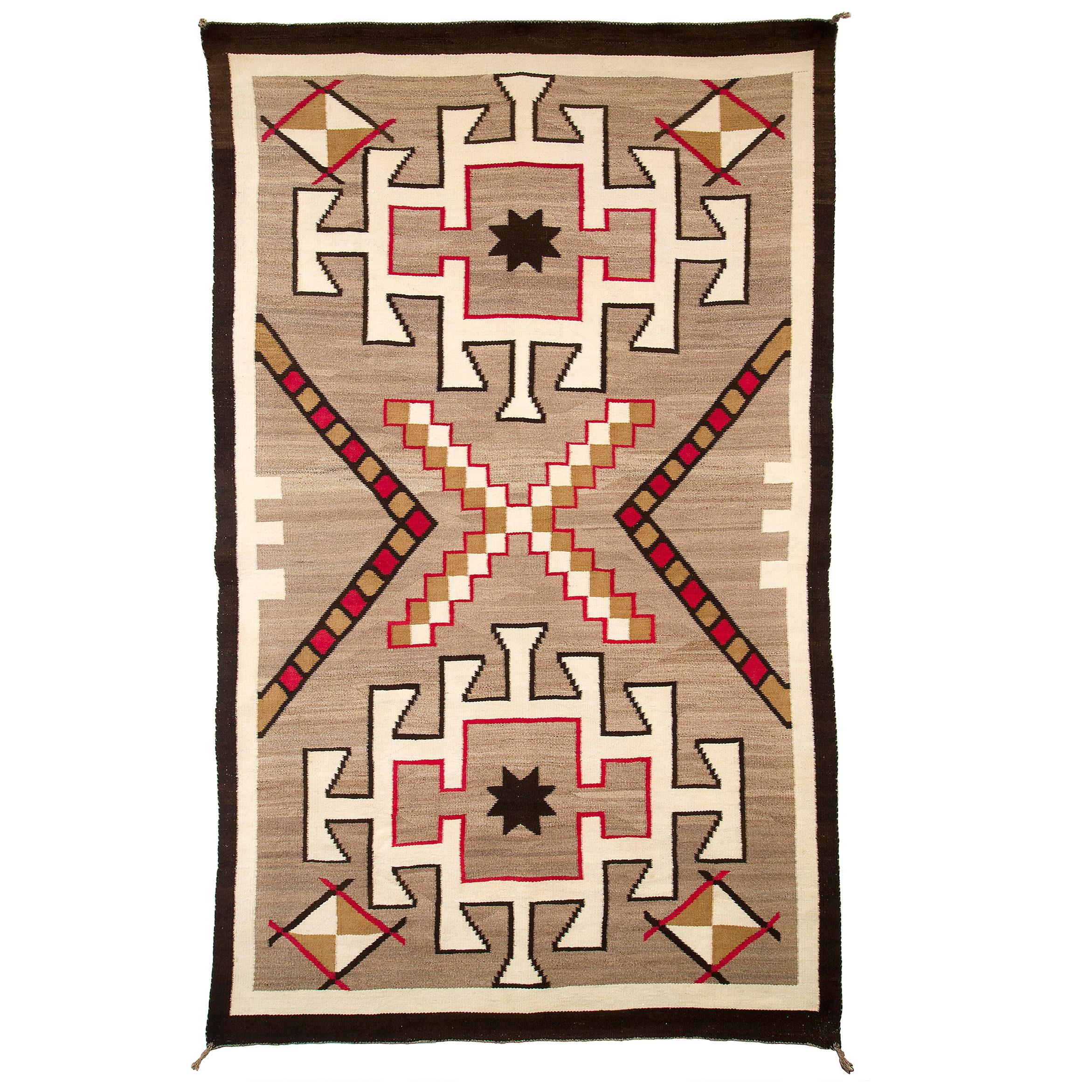 Vintage Navajo Area Rug, Trading Post Era, circa 1930s, Brown, White, Red, Black