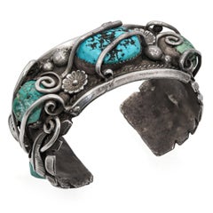 Vintage Navajo Artist Signed Sterling Silver Turquoise Cluster Cuff Bracelet
