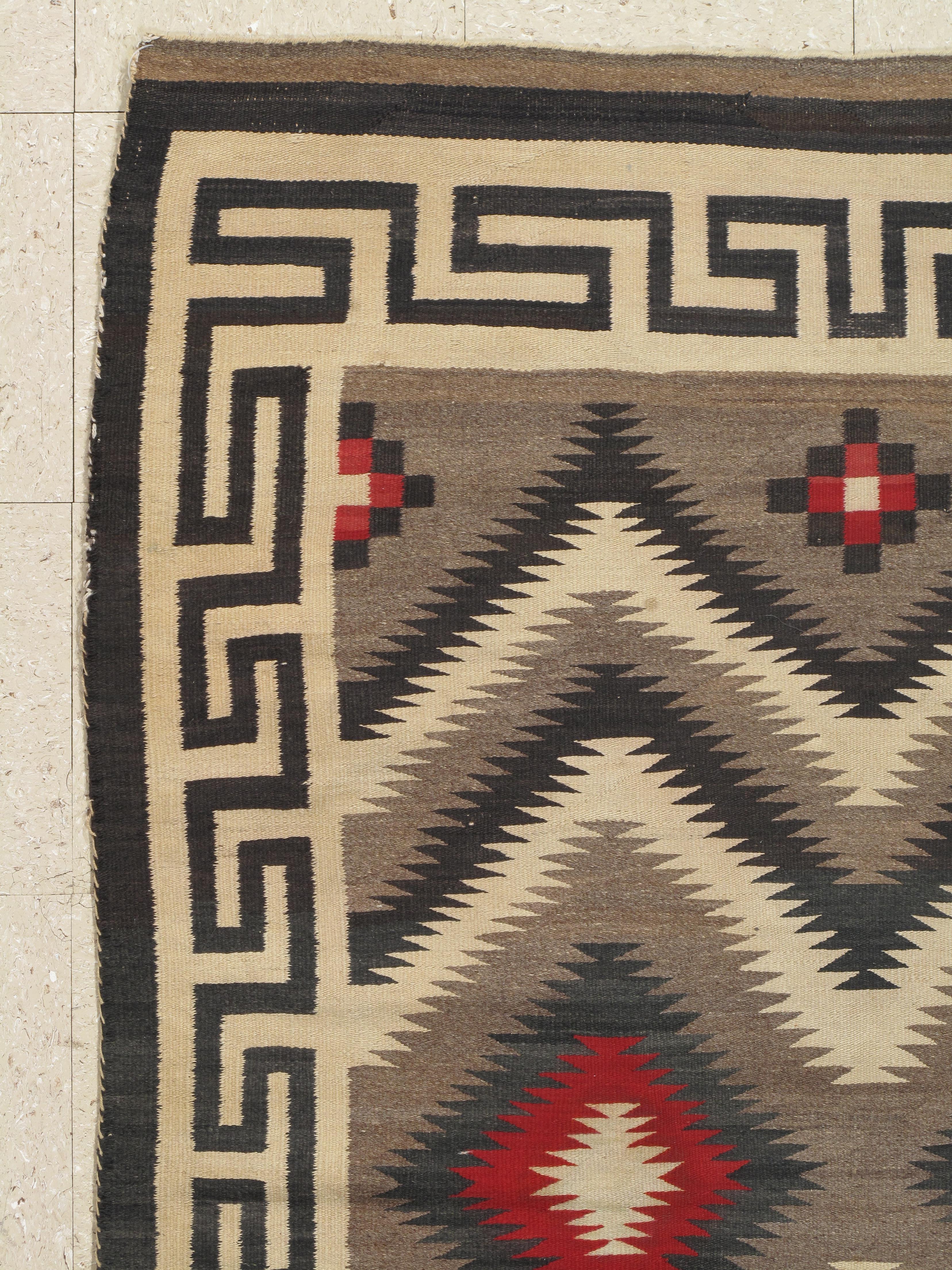 American Vintage Navajo Carpet, Oriental Rug, Handmade Wool Rug, Red, Black, Ivory, Bold For Sale